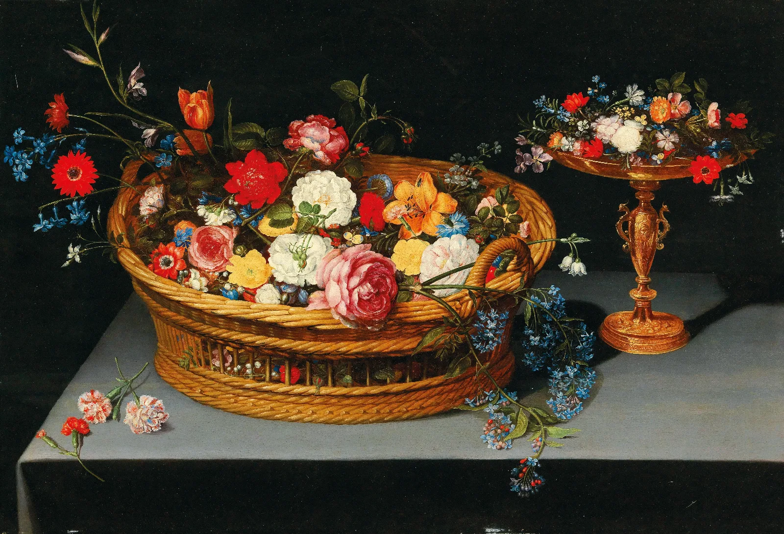 Mixed Flowers In A Basket With A Tazza Nearby Wall Art by Jan Brueghel the Younger - Canvas Print