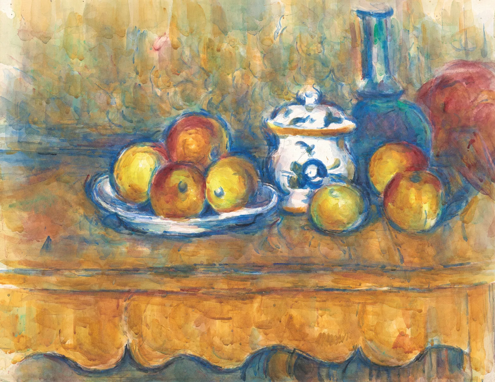 Stillleben Mit Blauer Flasche Zuckerdose Und Apfeln Wall Art by Paul Cézanne - Canvas Print