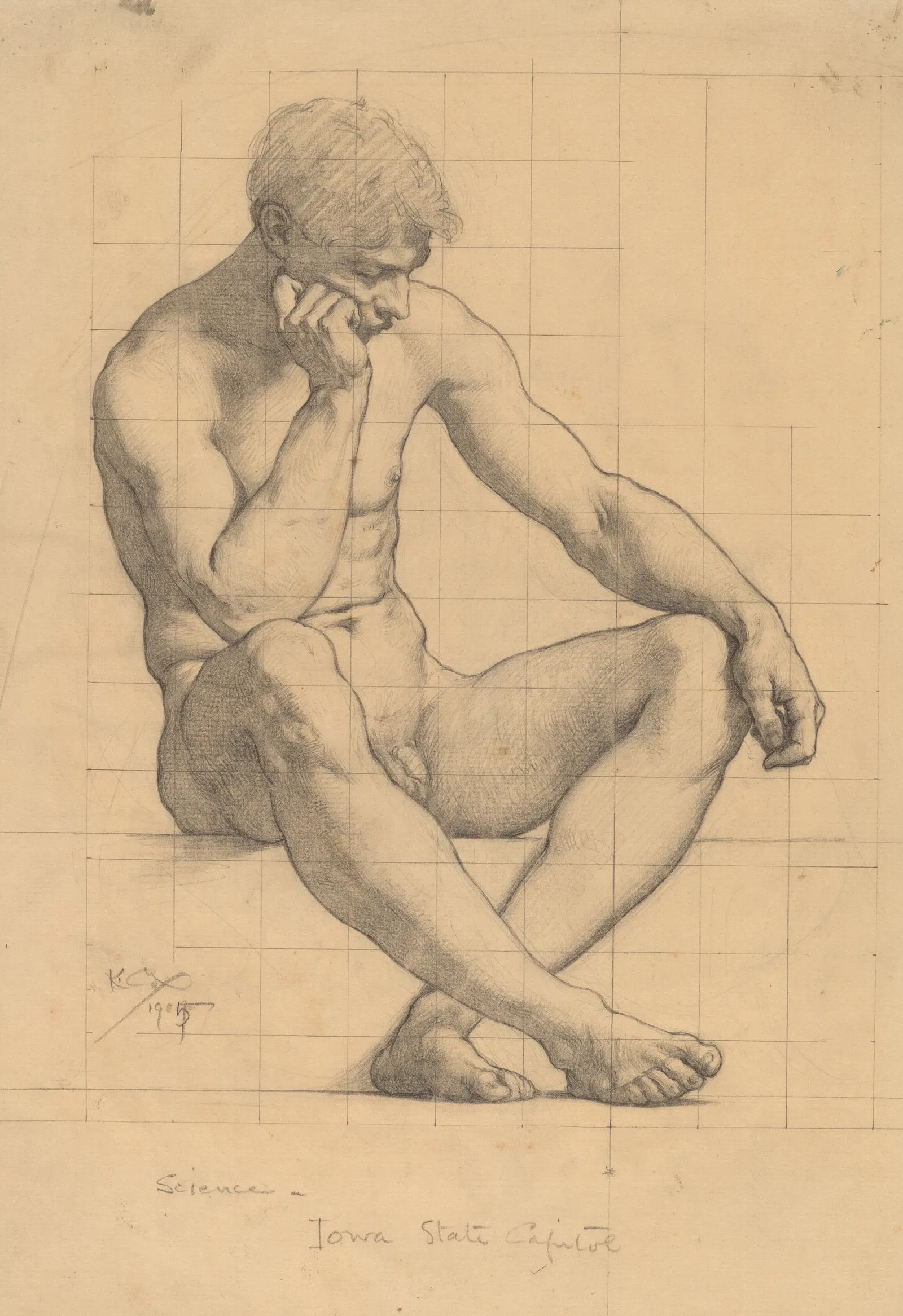 Seated Male Nude Study For Science Iowa State Capitol Wall Art by Kenyon Cox - Canvas Print