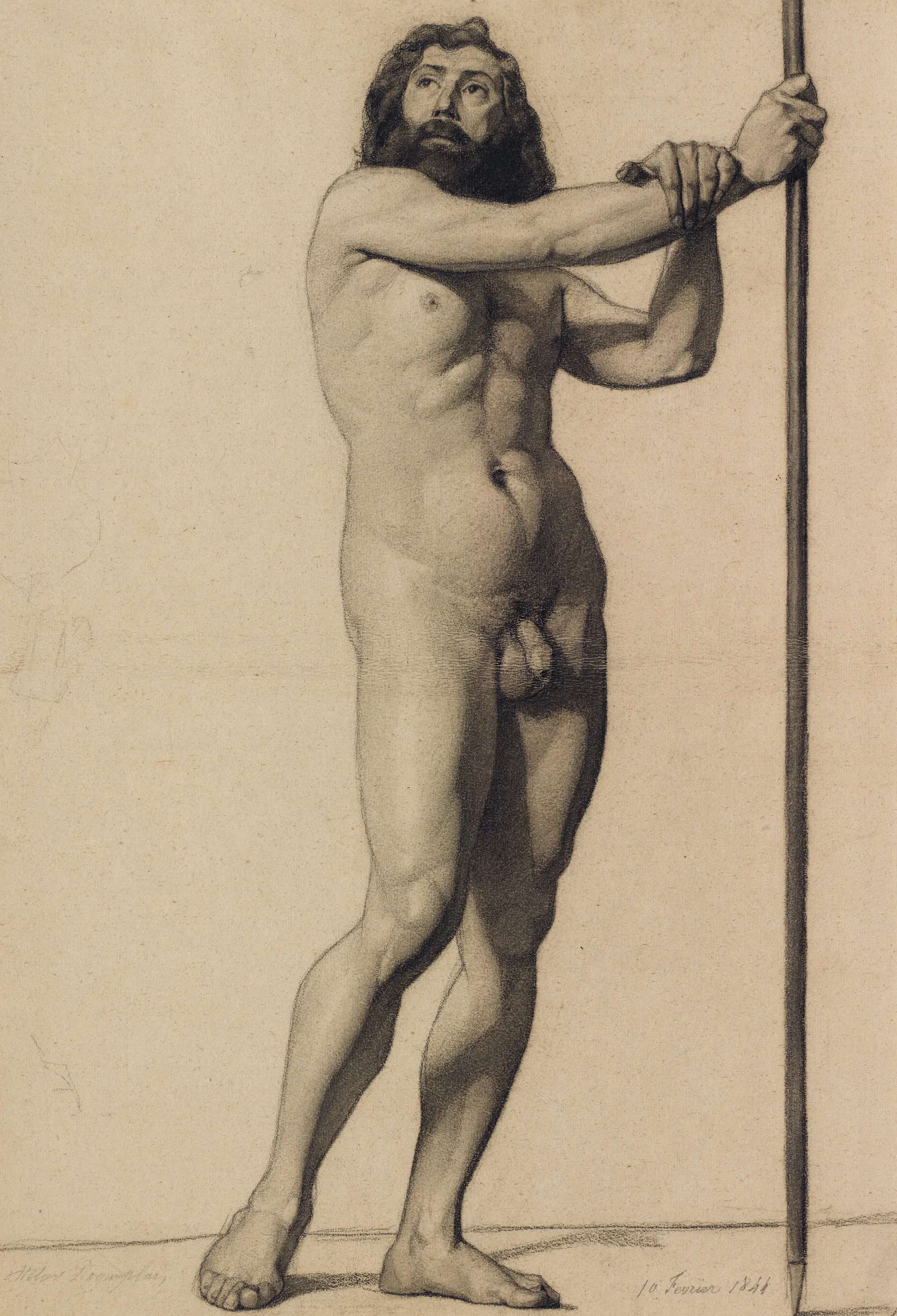 Academic Figure Study Male Nude Holding A Staff Wall Art by Alfred Stevens - Canvas Print