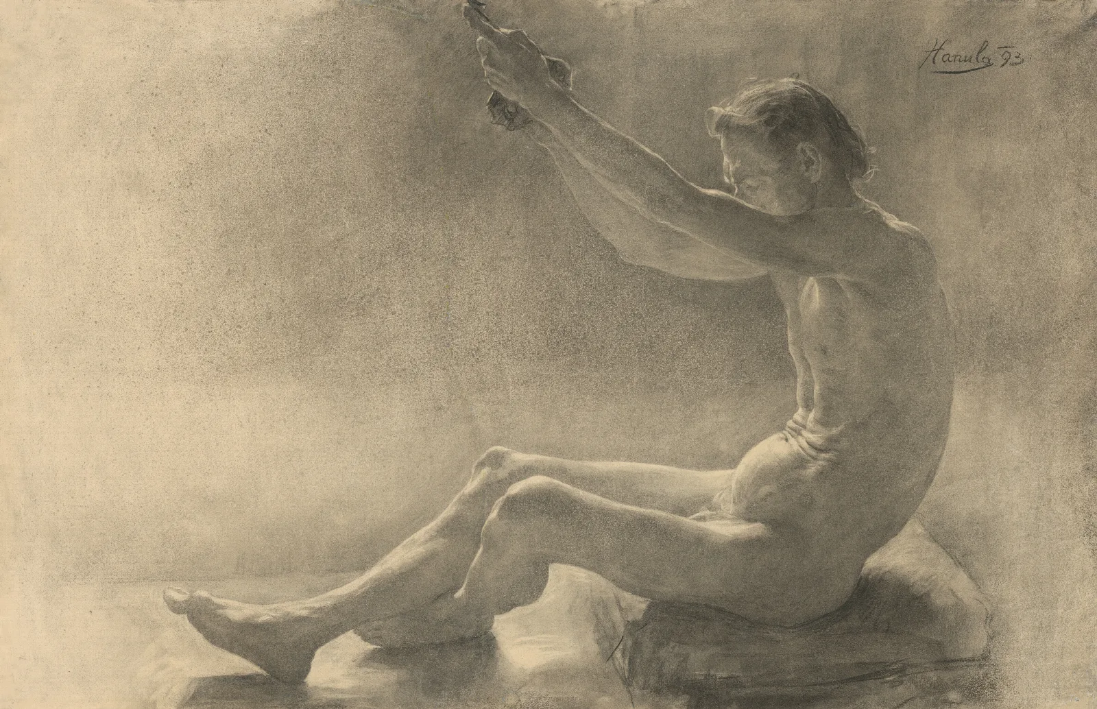 Study Of A Sitting Male Nude With Arms Raised Wall Art by Jozef Hanula - Canvas Print