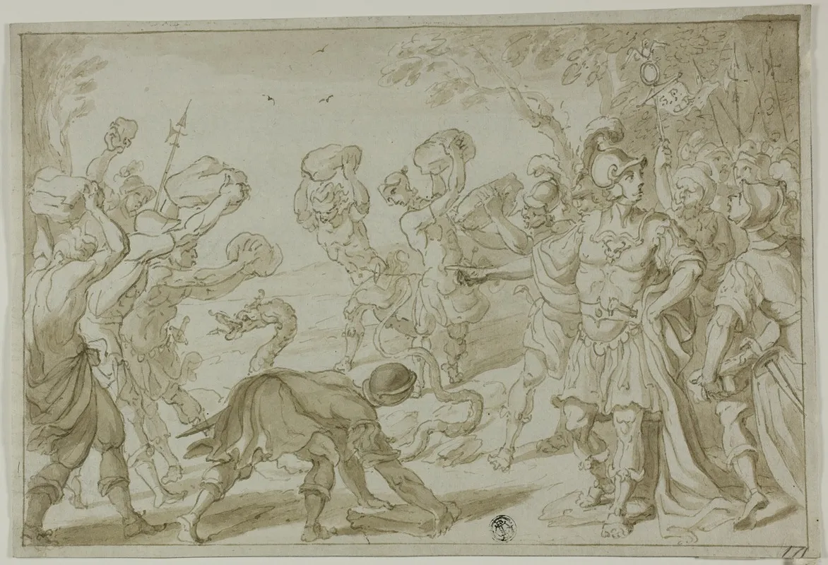 Roman Soldiers Stoning A Serpent Wall Art by Abraham Bloemaert - Canvas Print