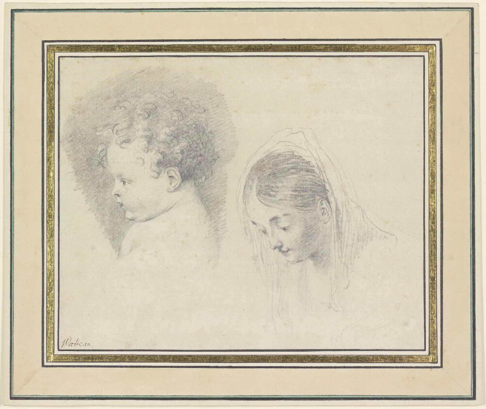 Kinderkopf Im Profil Nach Links Und Kopf Einer Jungen Frau Mit Gesenktem Blick Wall Art by Jean-Antoine Watteau - Canvas Print