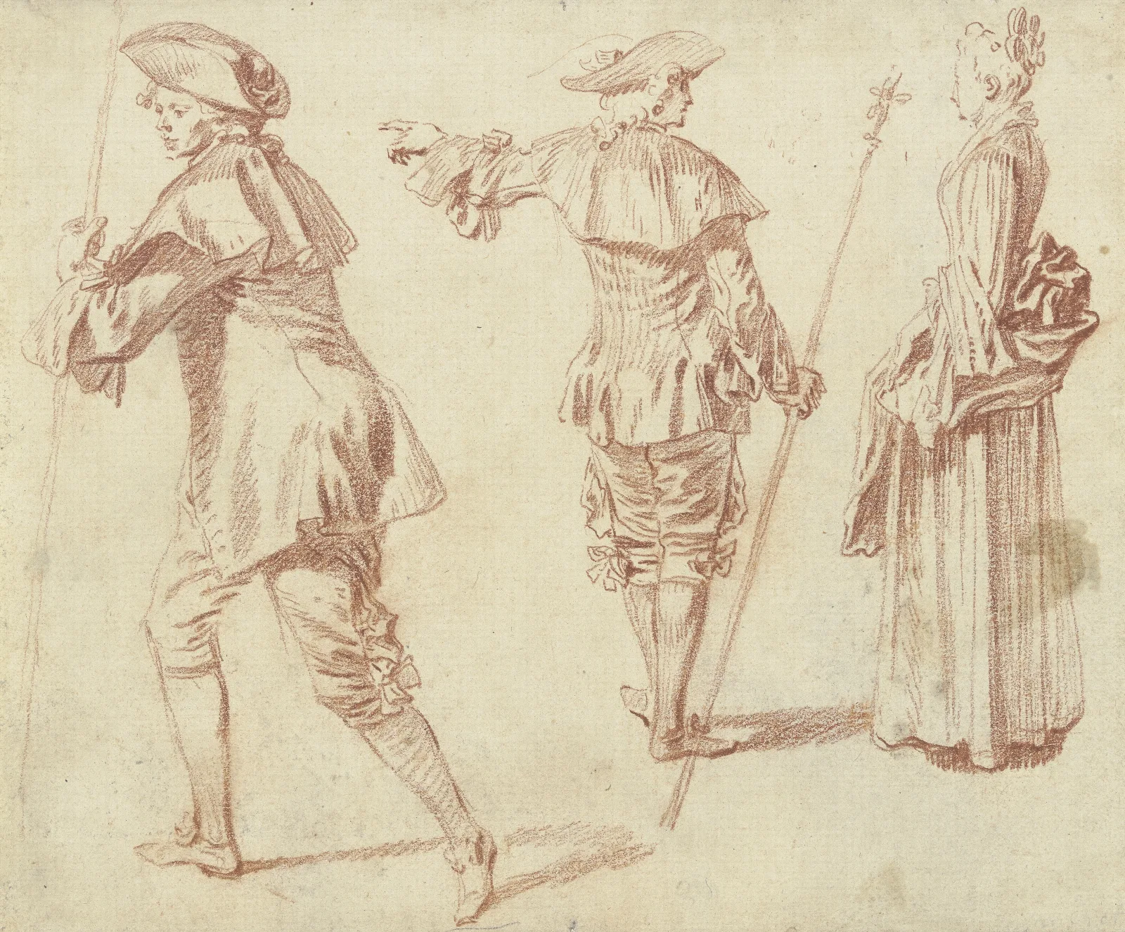 Two Pilgrims And A Standing Woman In Profile Wall Art by Jean-Antoine Watteau - Canvas Print