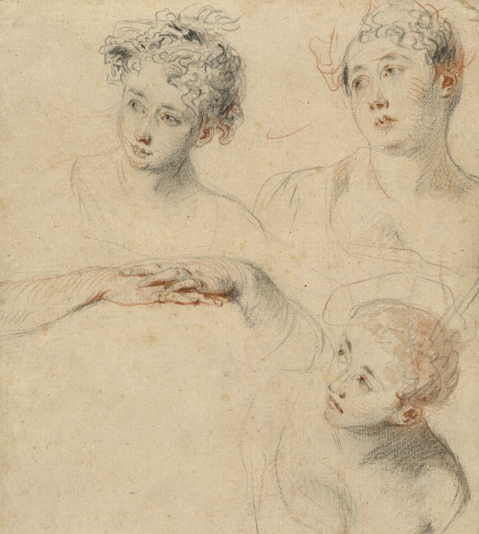 Three Studies Of A Womans Head And A Study Of Hands Recto Wall Art by Jean-Antoine Watteau - Canvas Print