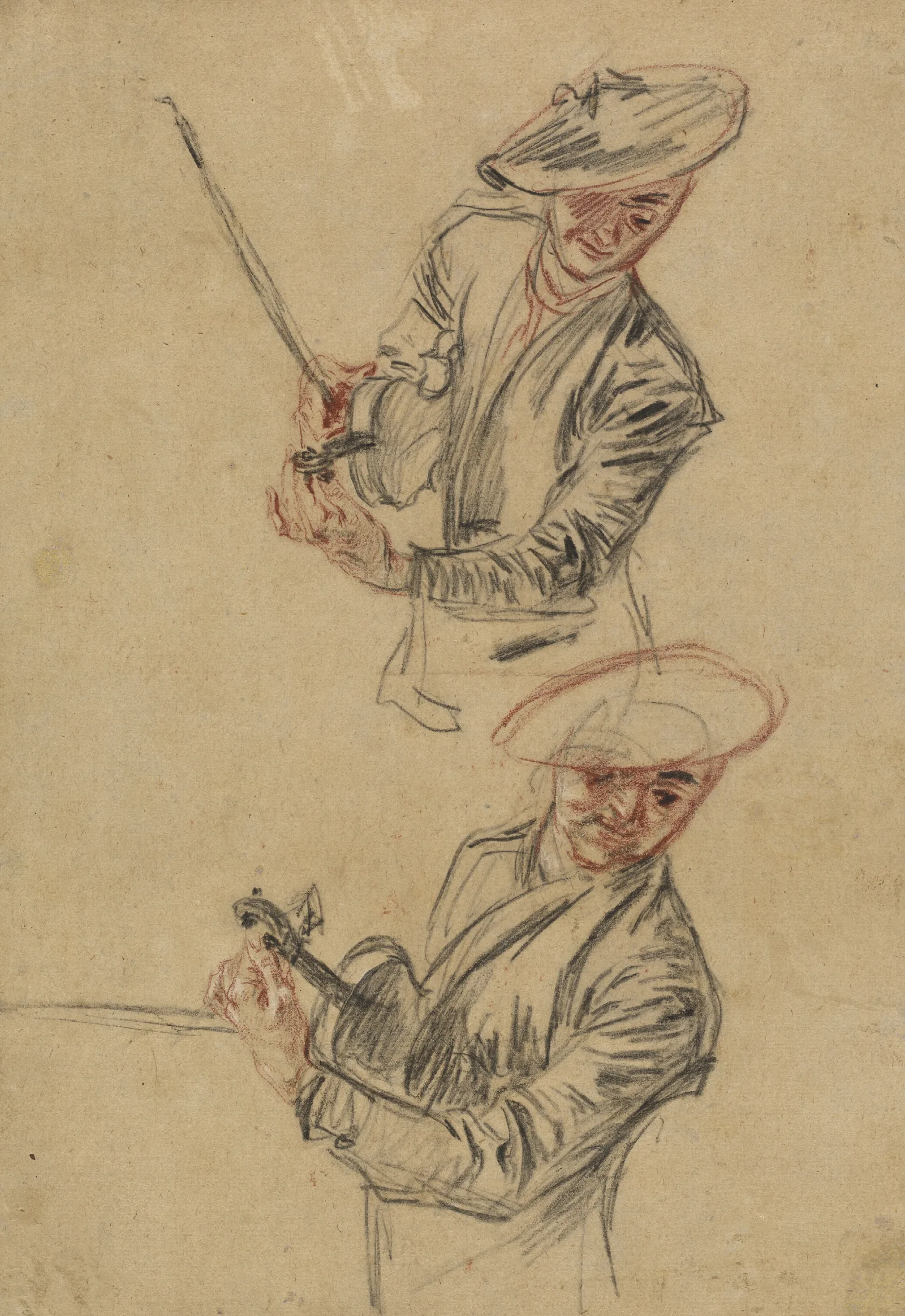 Two Studies Of A Violinist Tuning His Instrument Wall Art by Jean-Antoine Watteau - Canvas Print