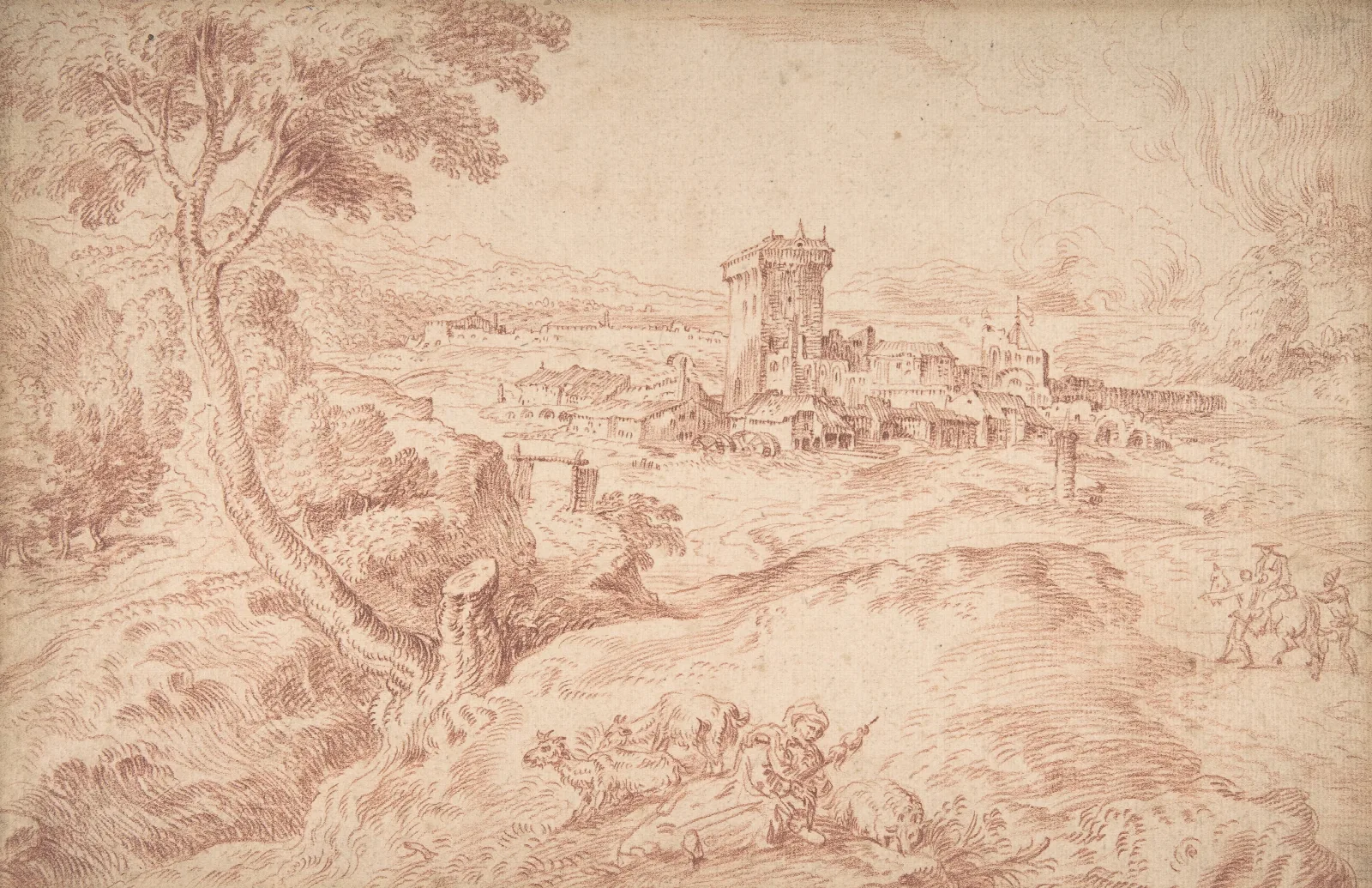 Landscape With An Old Woman Holding A Spindle After Domenico Campagnola Wall Art by Jean-Antoine Watteau - Canvas Print