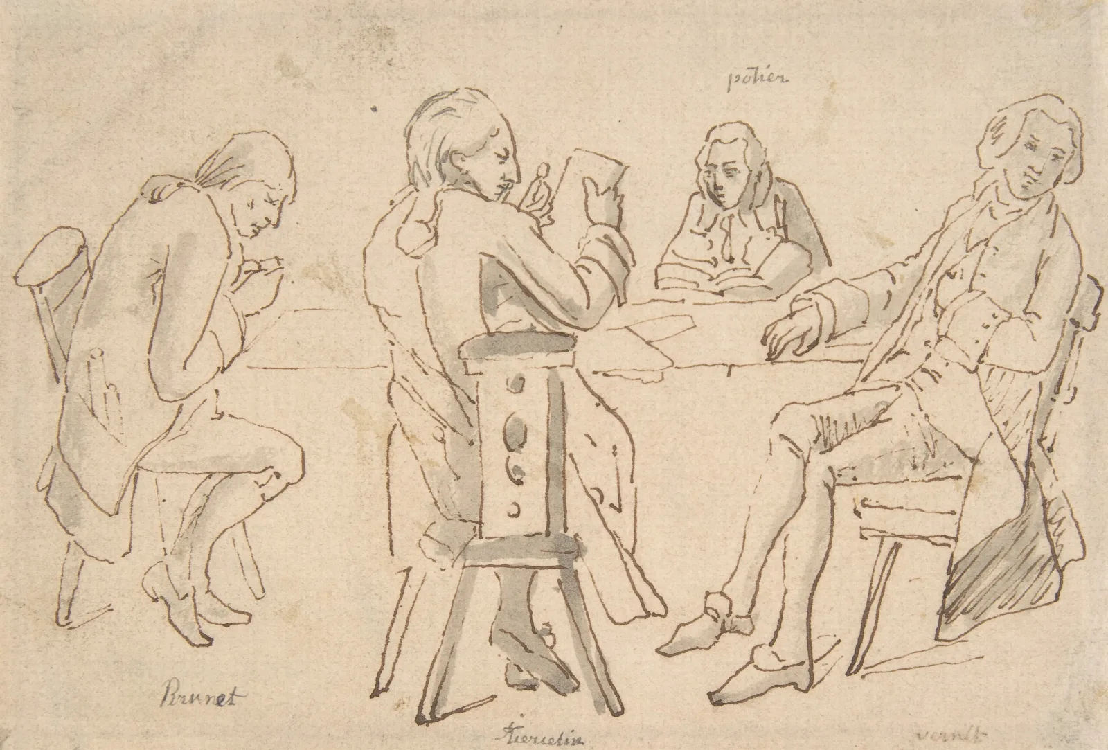 Four Artists Seated At A Table Brunet Potier Tiercetin Vernet Wall Art by Horace Vernet - Canvas Print