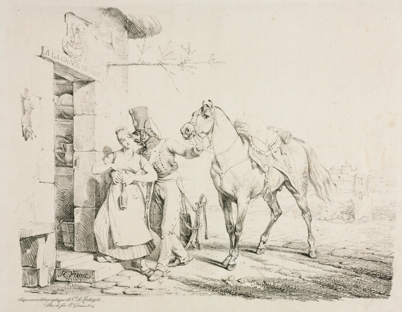 Hussar At The Door Of A Cabaret Or Hussar Embracing A Servant Wall Art by Horace Vernet - Canvas Print