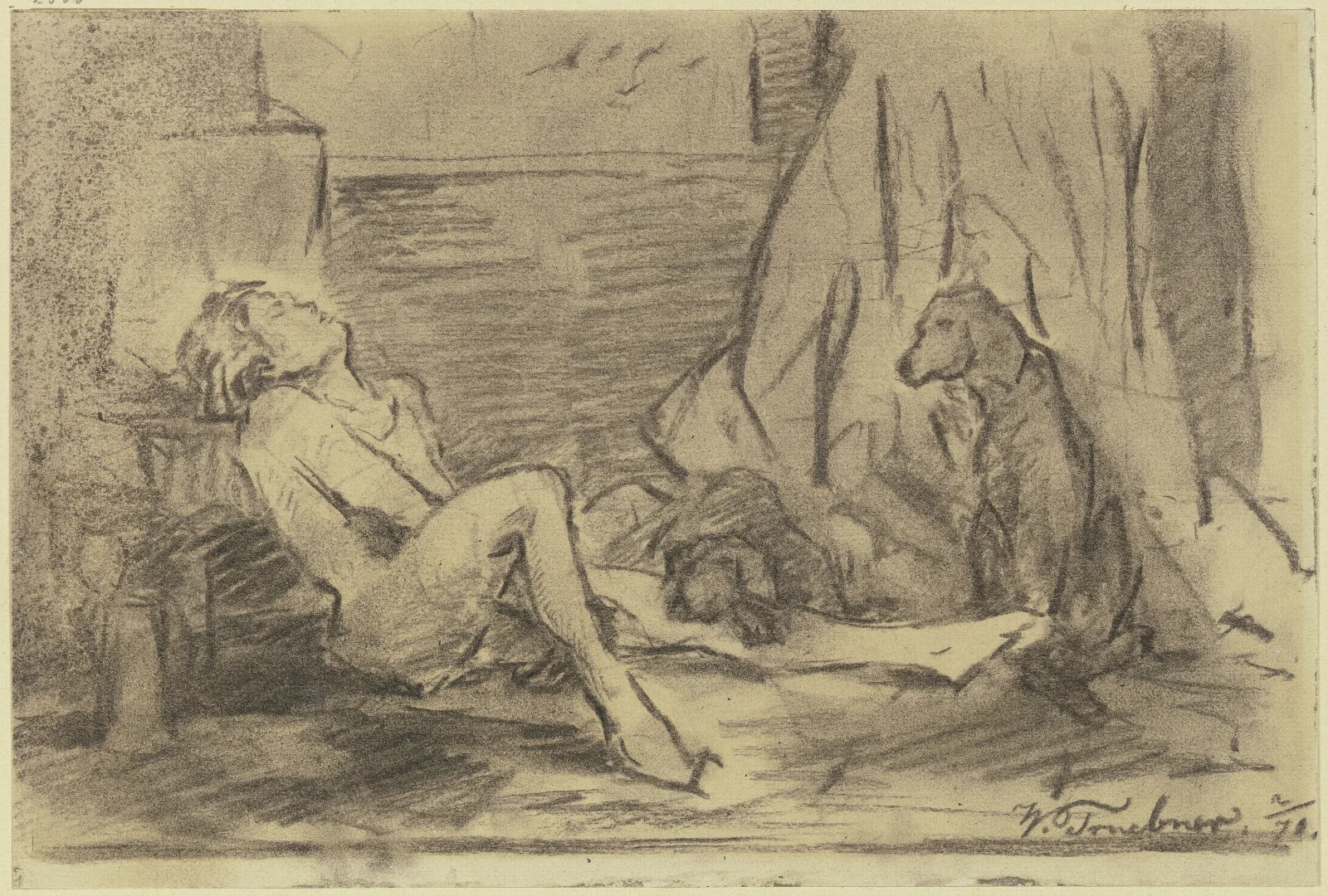 Vom Wein Uberwaltigter Junger Mann Bei Dem Zwei Hunde Wache Halten Wall Art by Wilhelm Trübner - Canvas Print
