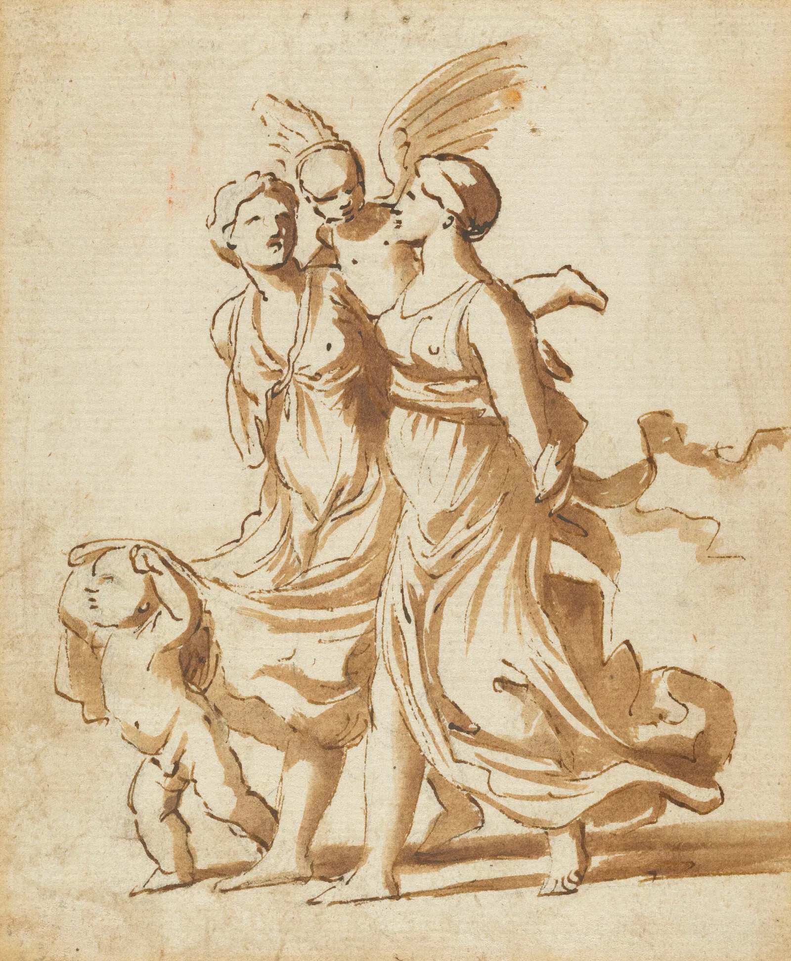 Two Girls Accompanied By Cupid Wall Art by Nicolas Poussin - Canvas Print