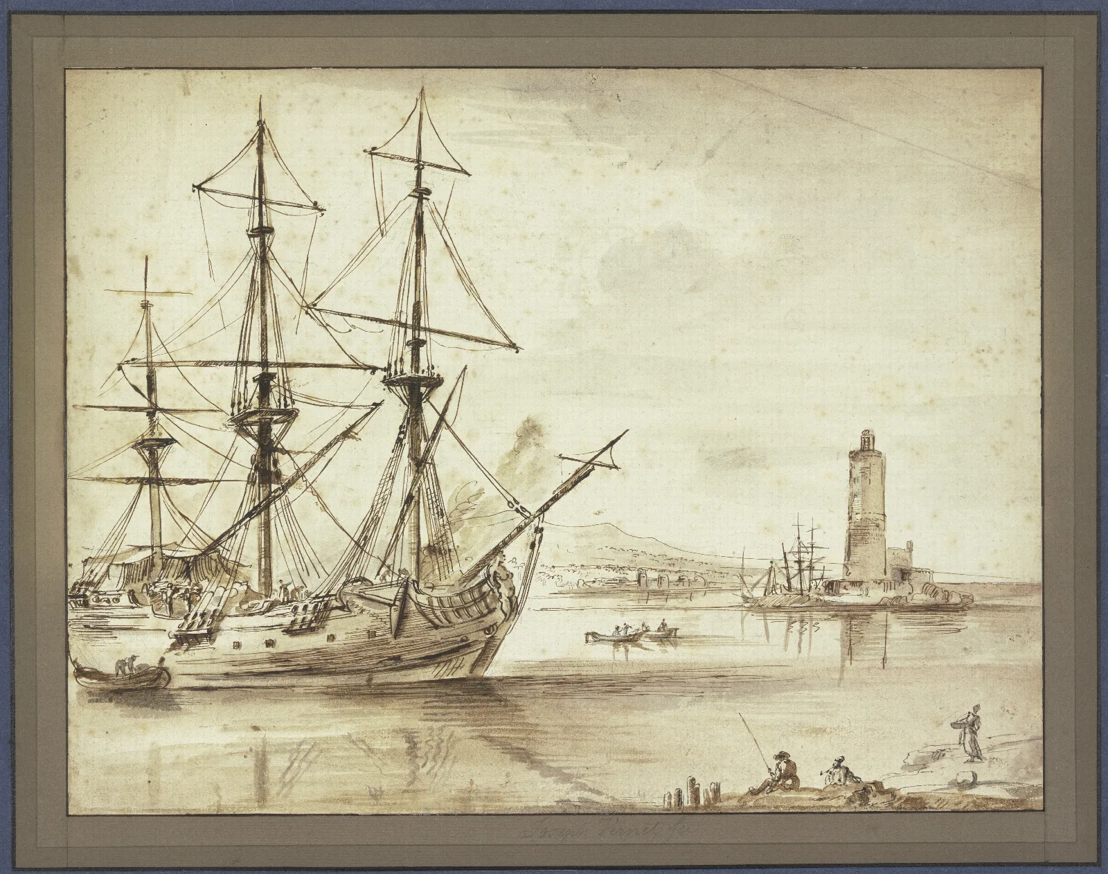 Marine Links Ein Dreimaster Rechts Ein Leuchtturm Wall Art by Claude-Joseph Vernet - Canvas Print