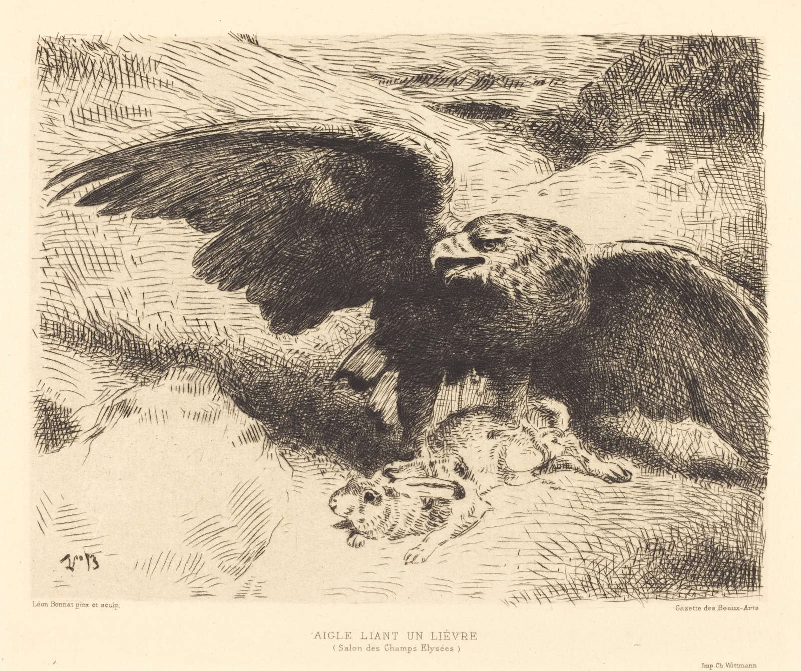 Aigle Liant Un Lievre An Eagle Pouncing On A Hare Wall Art by Léon Bonnat - Canvas Print