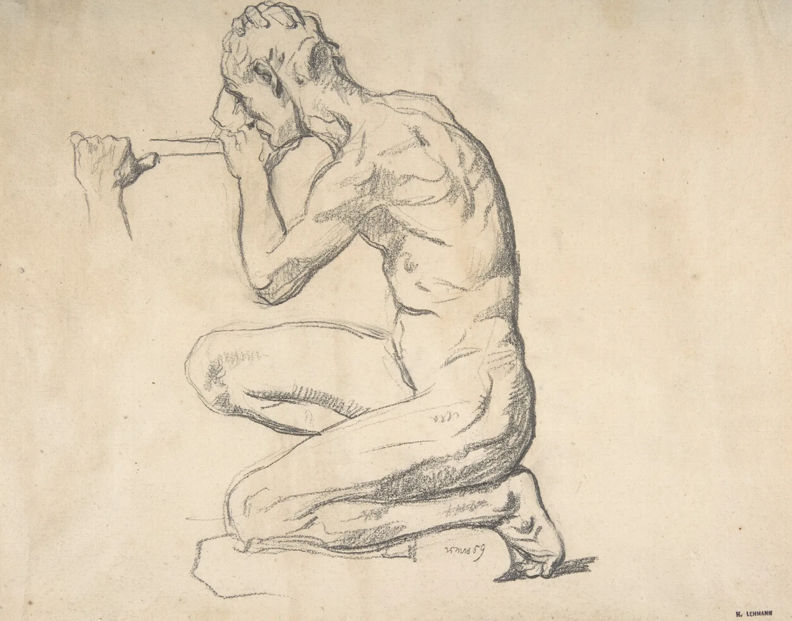 Kneeling Nude Male Figure Facing Left Wall Art by Henri Lehmann - Canvas Print