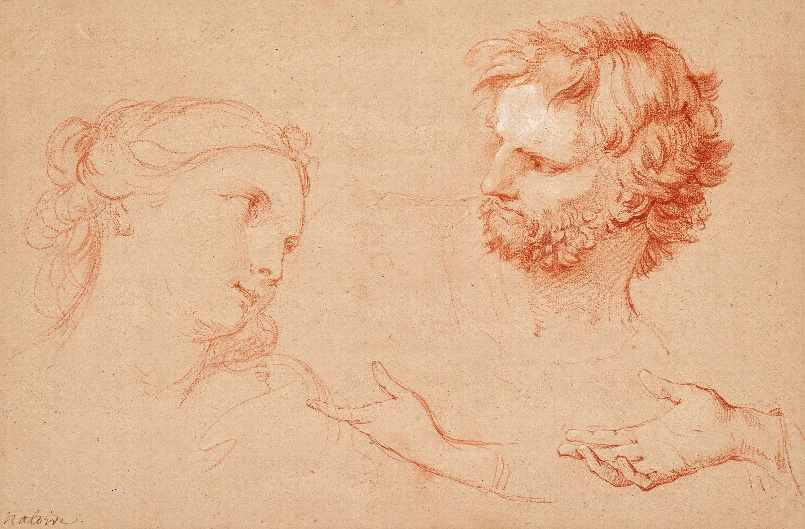 Studies Of The Heads Of A Woman And Of A Bearded Man And Studies Of Hands Wall Art by Charles-Joseph Natoire - Canvas Print