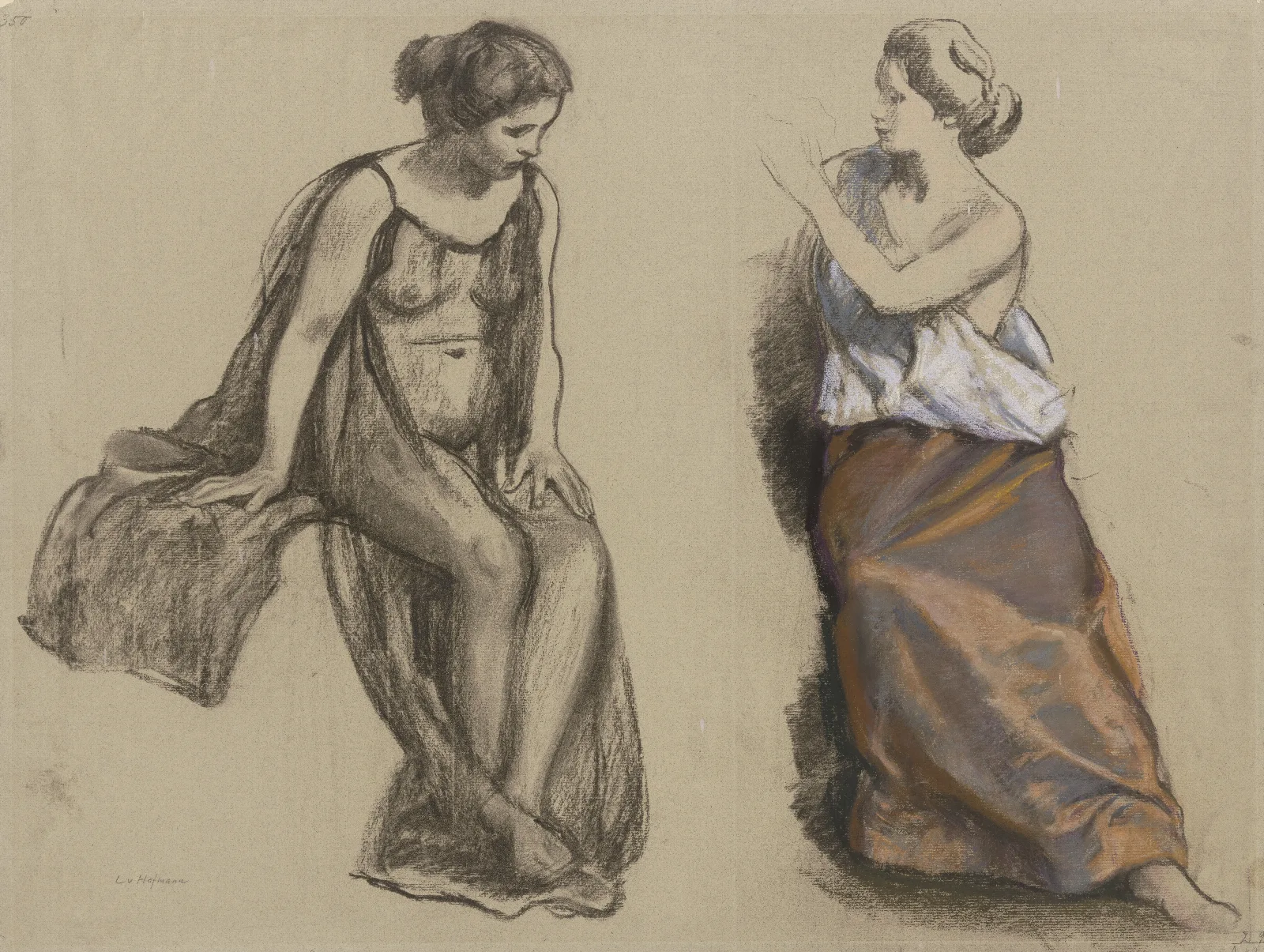 Studienblatt Zwei Frauen Sitzend In Unterschiedlicher Bekleidung Wall Art by Ludwig von Hofmann - Canvas Print