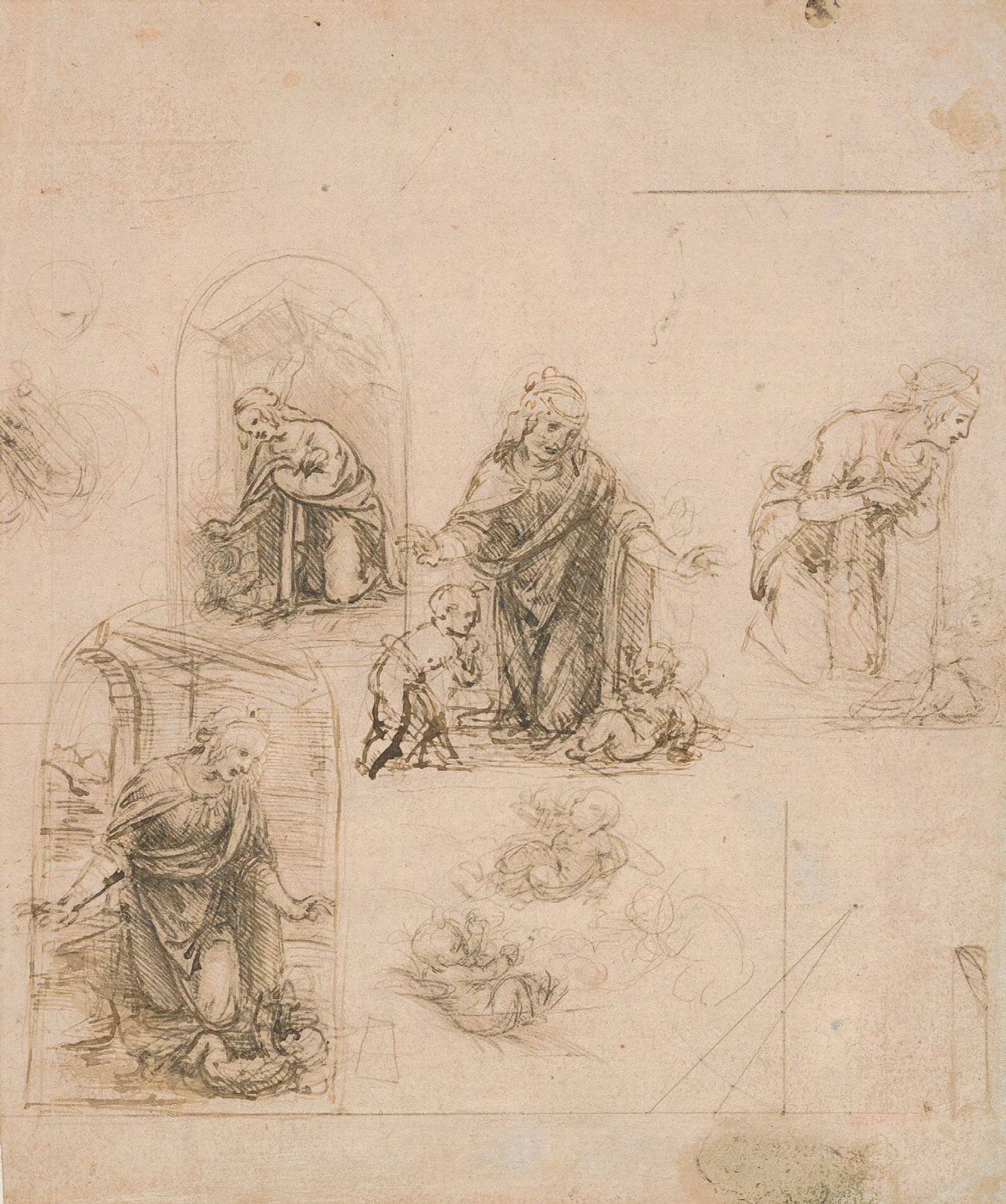 Compositional Sketches For The Virgin Adoring The Christ Child With And Without The Infant St John The Baptist Diagram Of A Perspectival Projection Wall Art by Leonardo da Vinci - Canvas Print