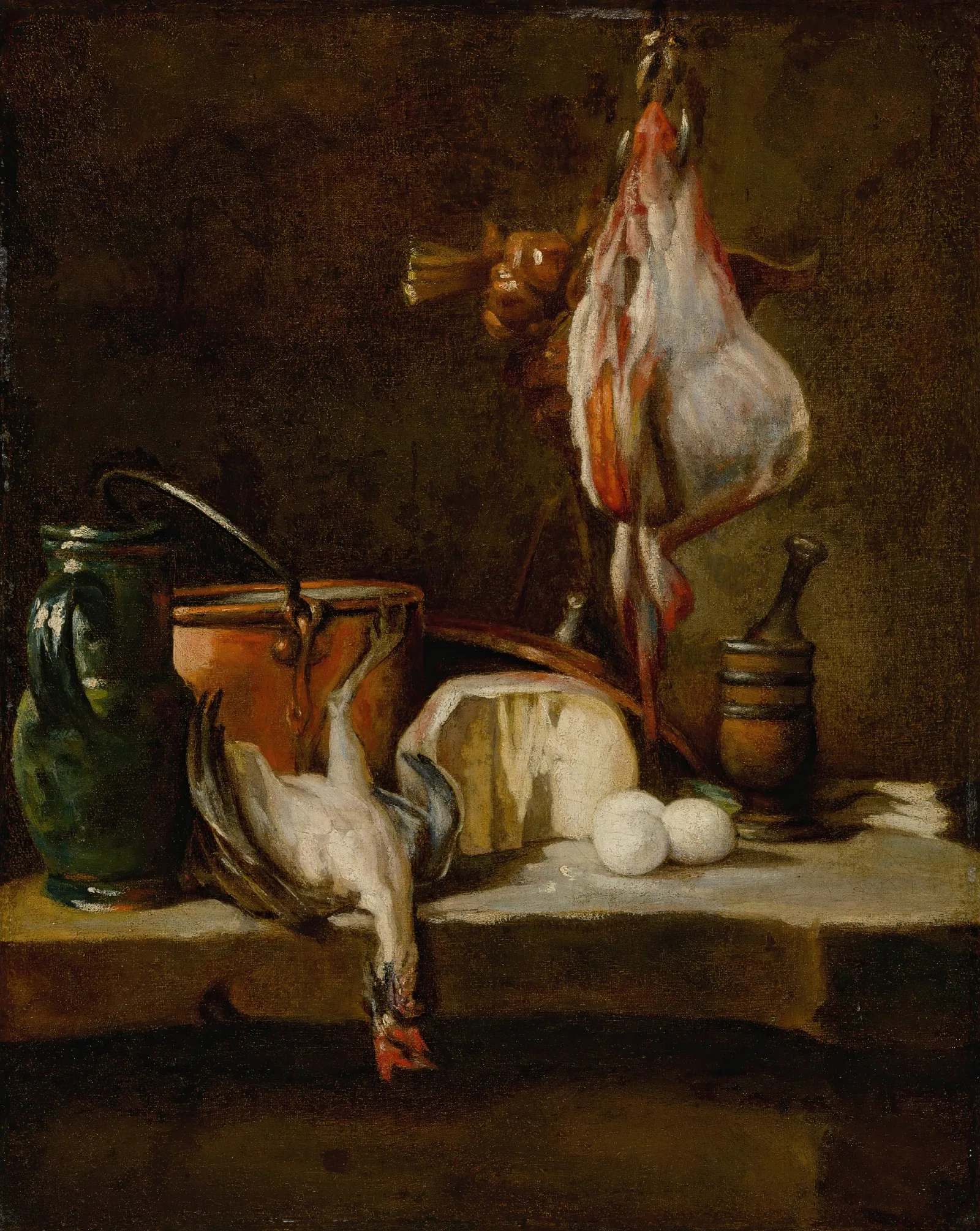 Still Life With A Ray Fish A Basket Of Onions Eggs Cheese A Green Jug And A Copper Pot Wall Art by Jean Siméon Chardin - Canvas Print