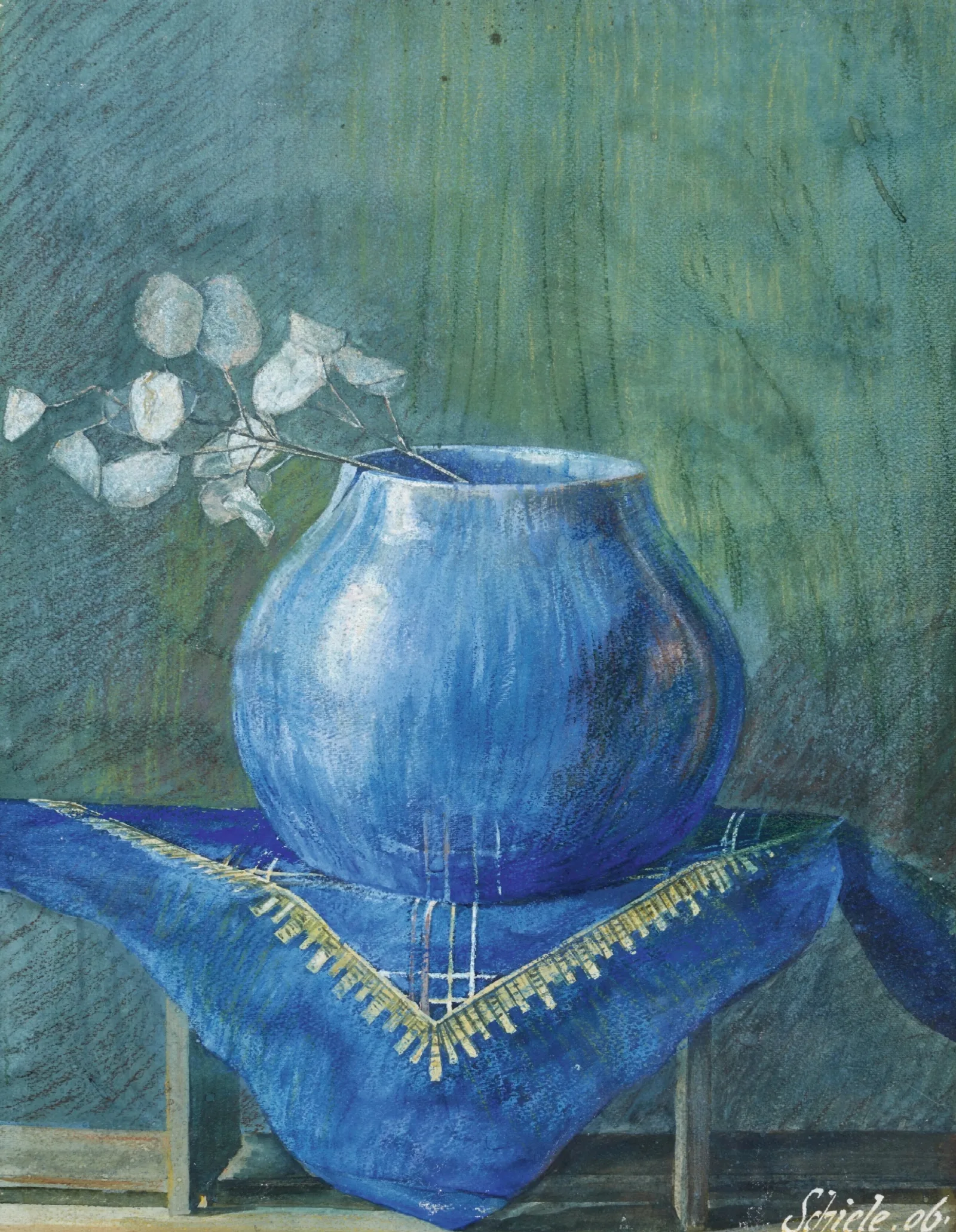 Still Life Of A Moneyplant Branch In Blue Vase Wall Art by Egon Schiele - Canvas Print