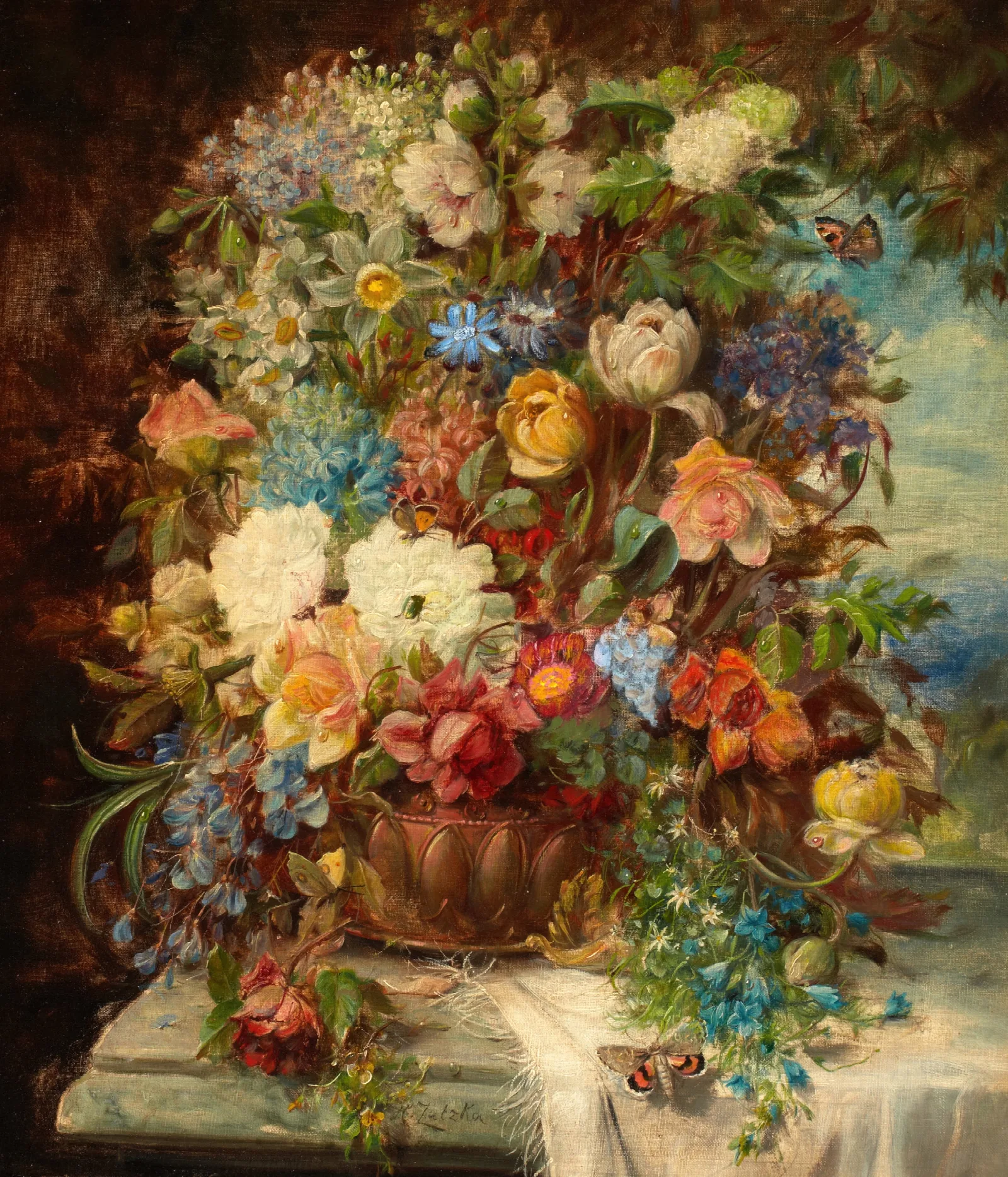 Summer Flowers On A Ledge Wall Art by Hans Zatzka - Canvas Print