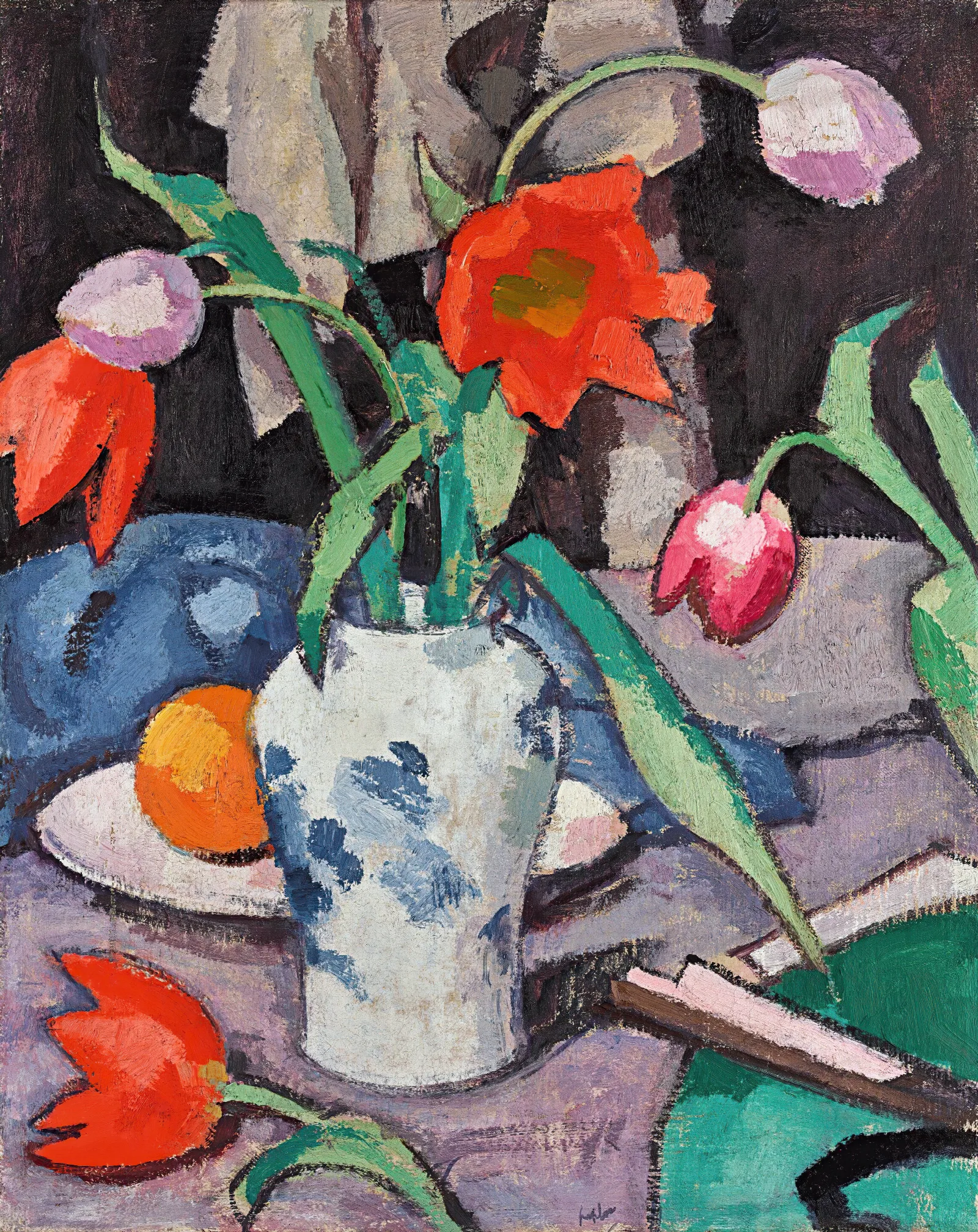 Still Life With Tulips And Fan Wall Art by Samuel John Peploe - Canvas Print