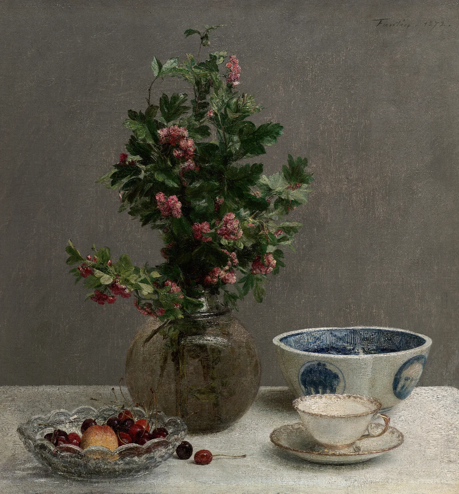 Still Life With Vase Of Hawthorn Bowl Of Cherries Japanese Bowl And Cup And Saucer Wall Art by Henri Fantin-Latour - Canvas Print