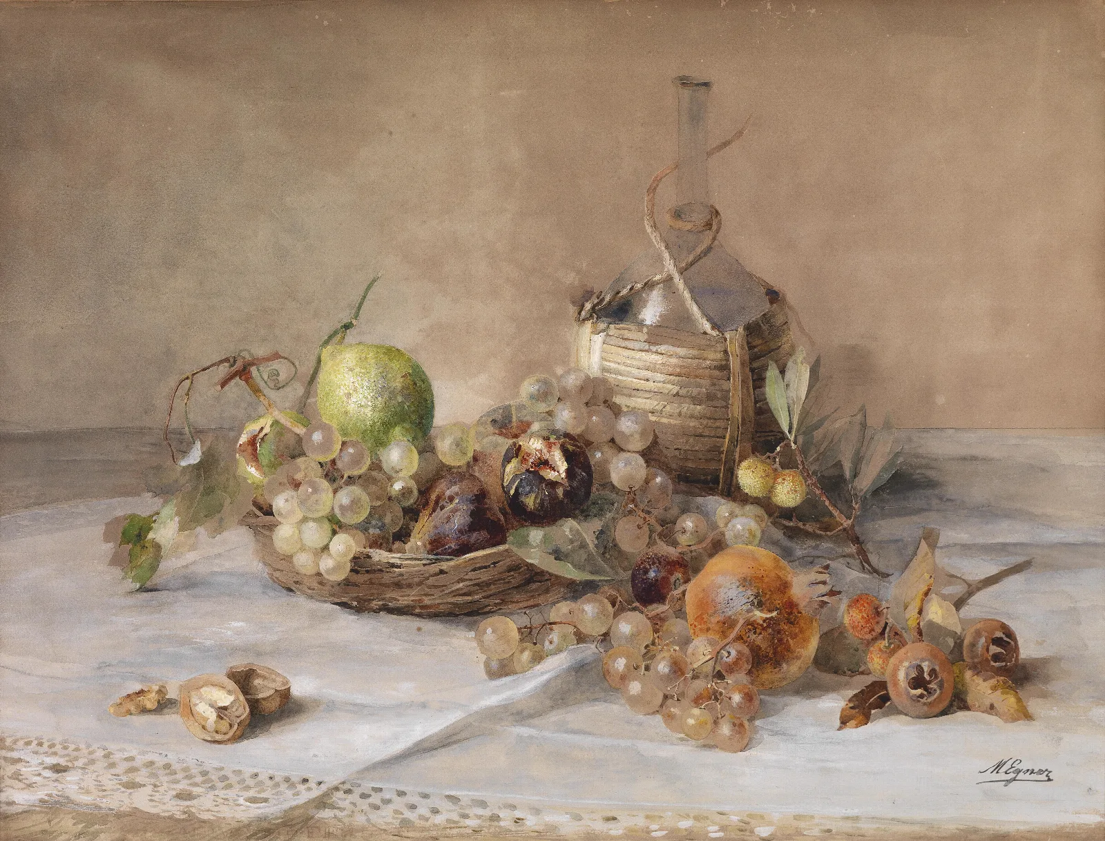 Stilleben Mit Obst Und Chiantiflasche Wall Art by Marie Egner - Canvas Print