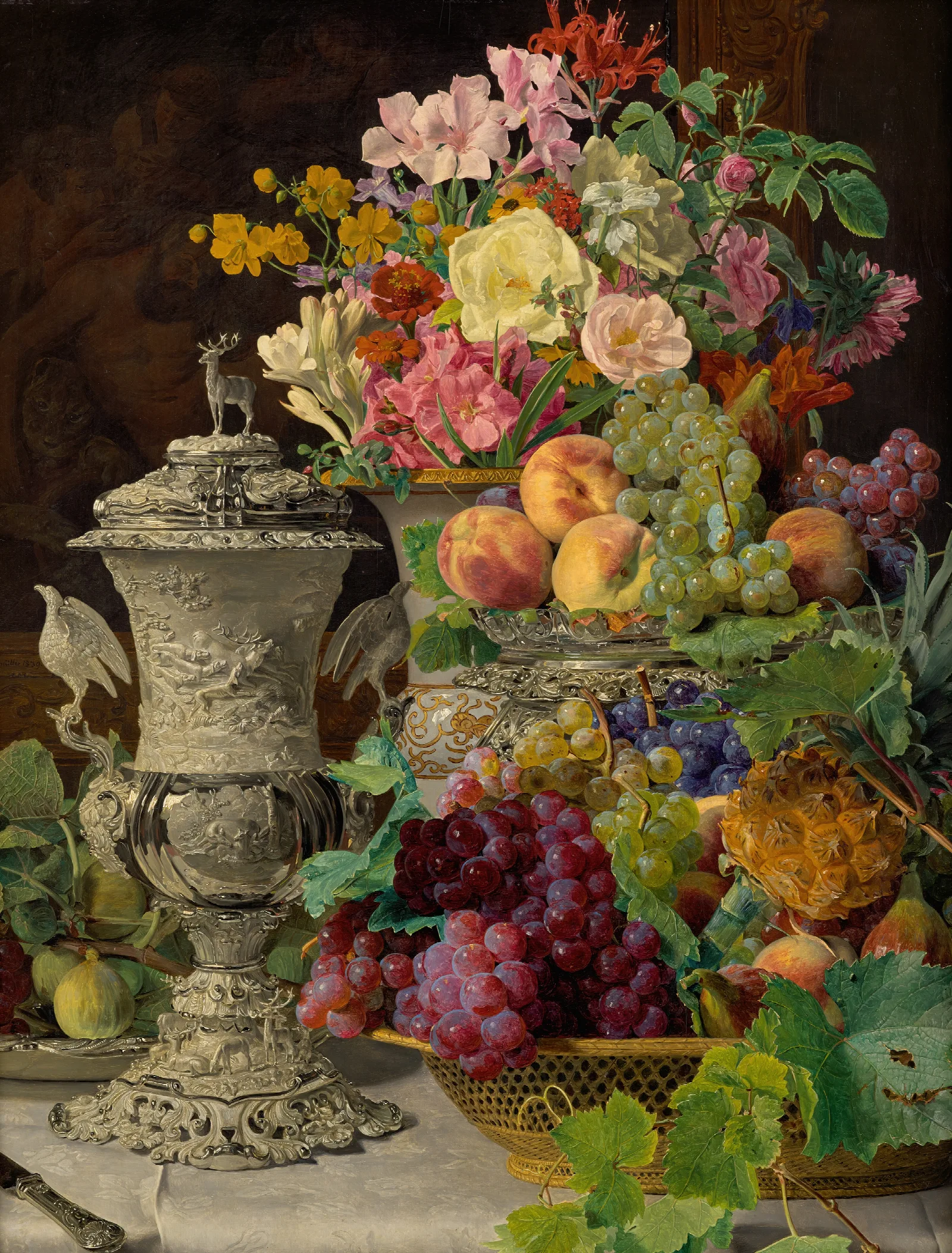 Still Life With Fruit Flowers And A Silver Cup Wall Art by Ferdinand Georg Waldmüller - Canvas Print