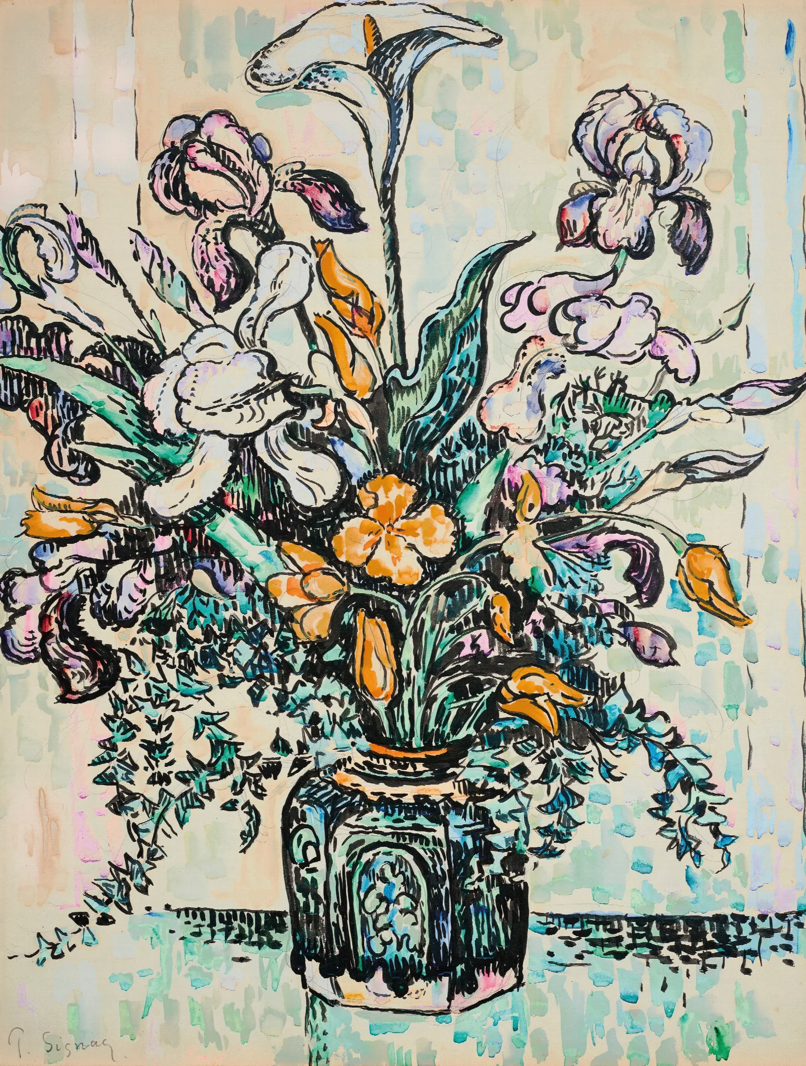 Bouquet Iris Arum Tulipes Dans Un Vase Dandre Metthey Wall Art by Paul Signac - Canvas Print