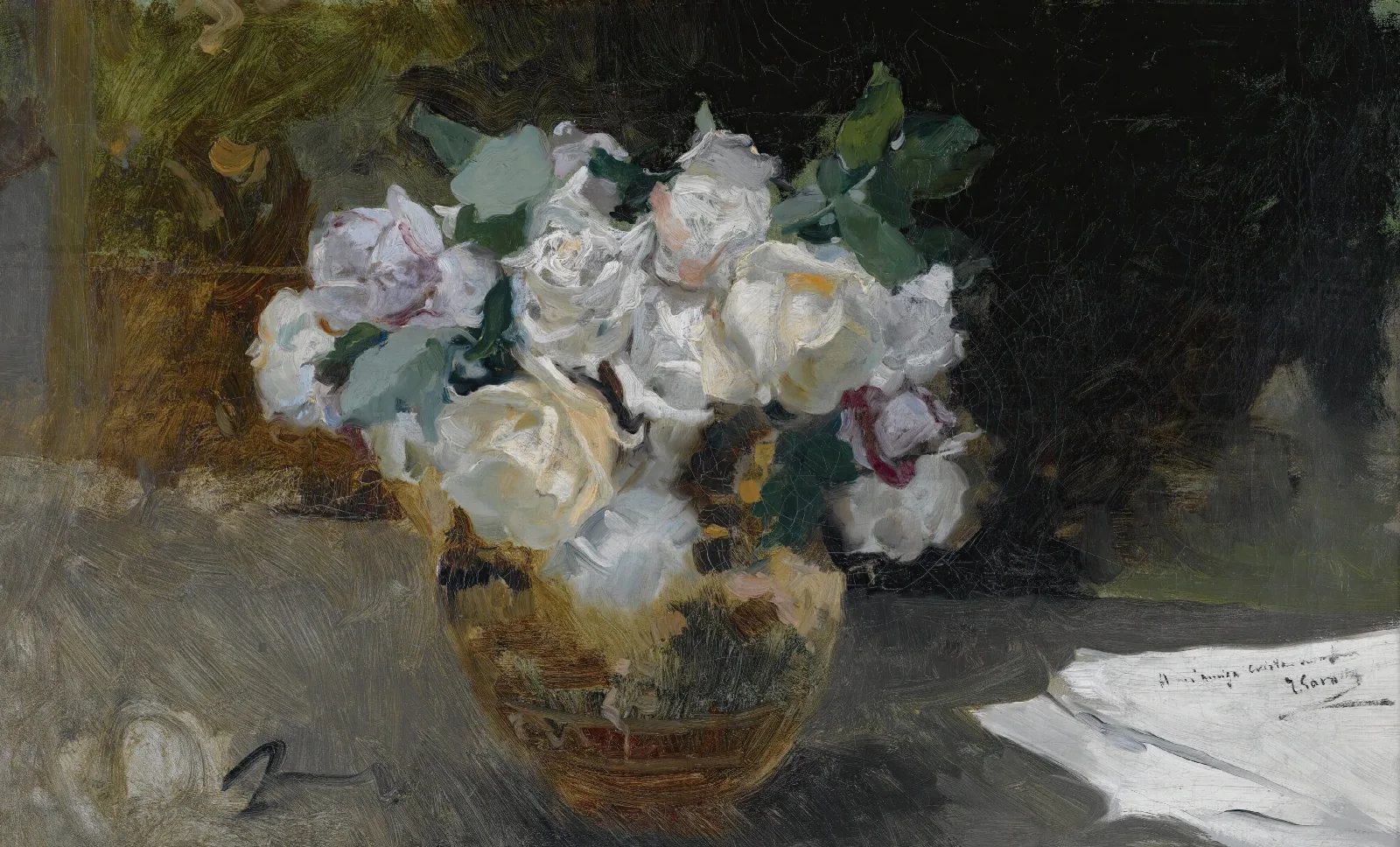 Bodegon De Rosas Blancas Bouquet Of White Roses Wall Art by Joaquín Sorolla - Canvas Print