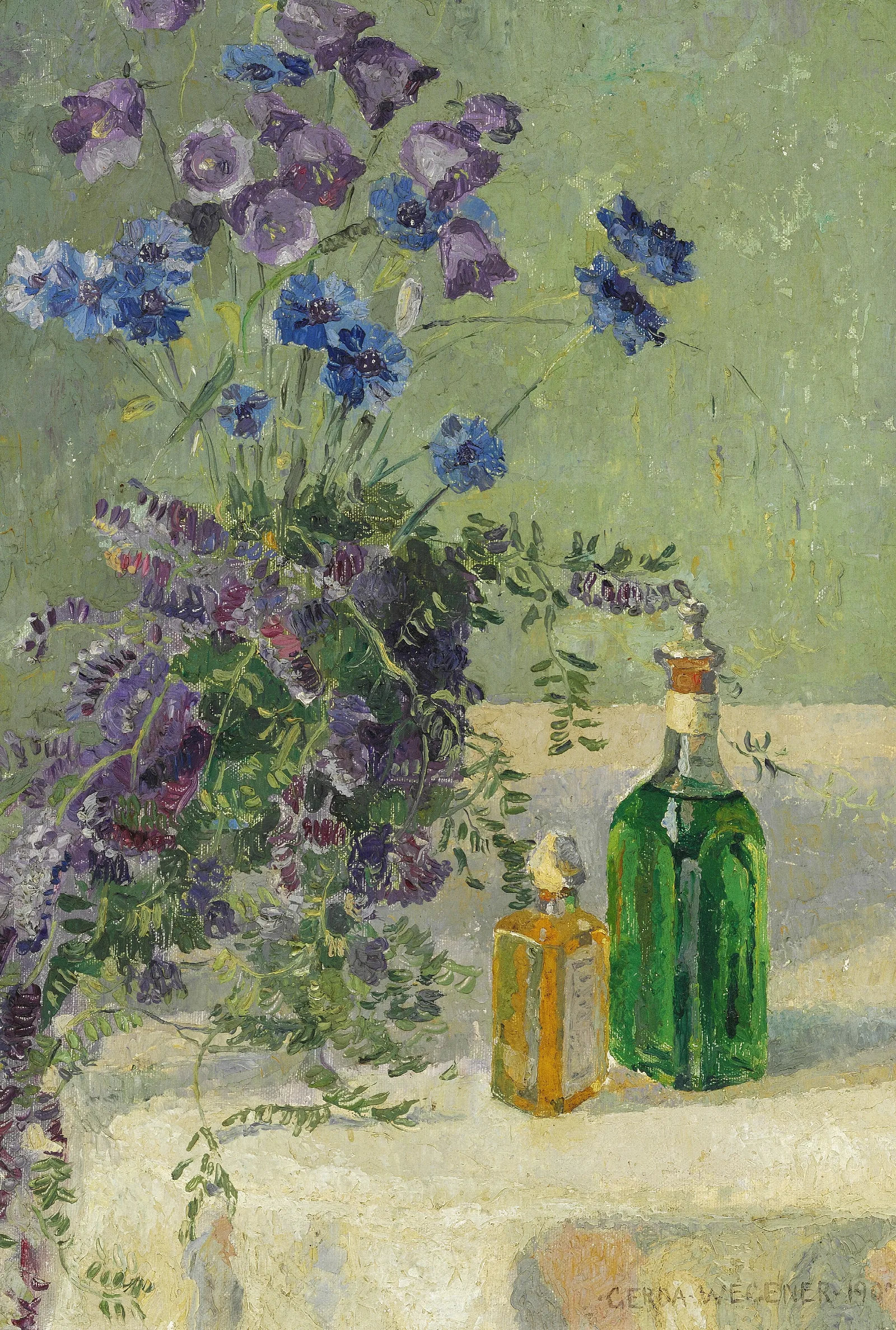 Still Life With Blue Flowers And Two Bottles On A Table Wall Art by Gerda Wegener - Canvas Print