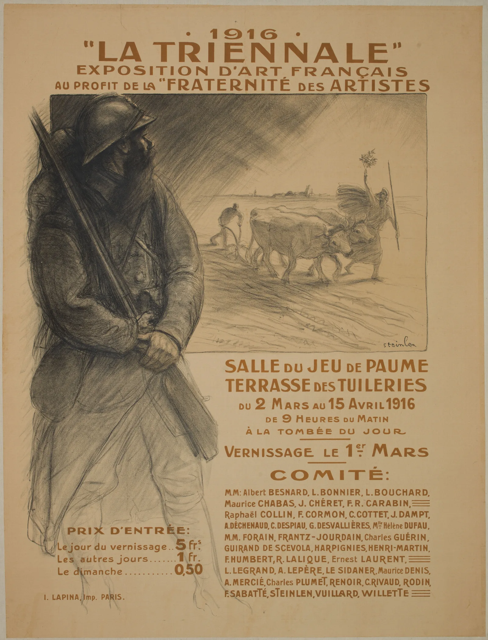 1916 La Triennale Exposition Dart Francais Au Profit De La Fraternite Des Artistes Wall Art by Théophile Alexandre Steinlen - Canvas Print