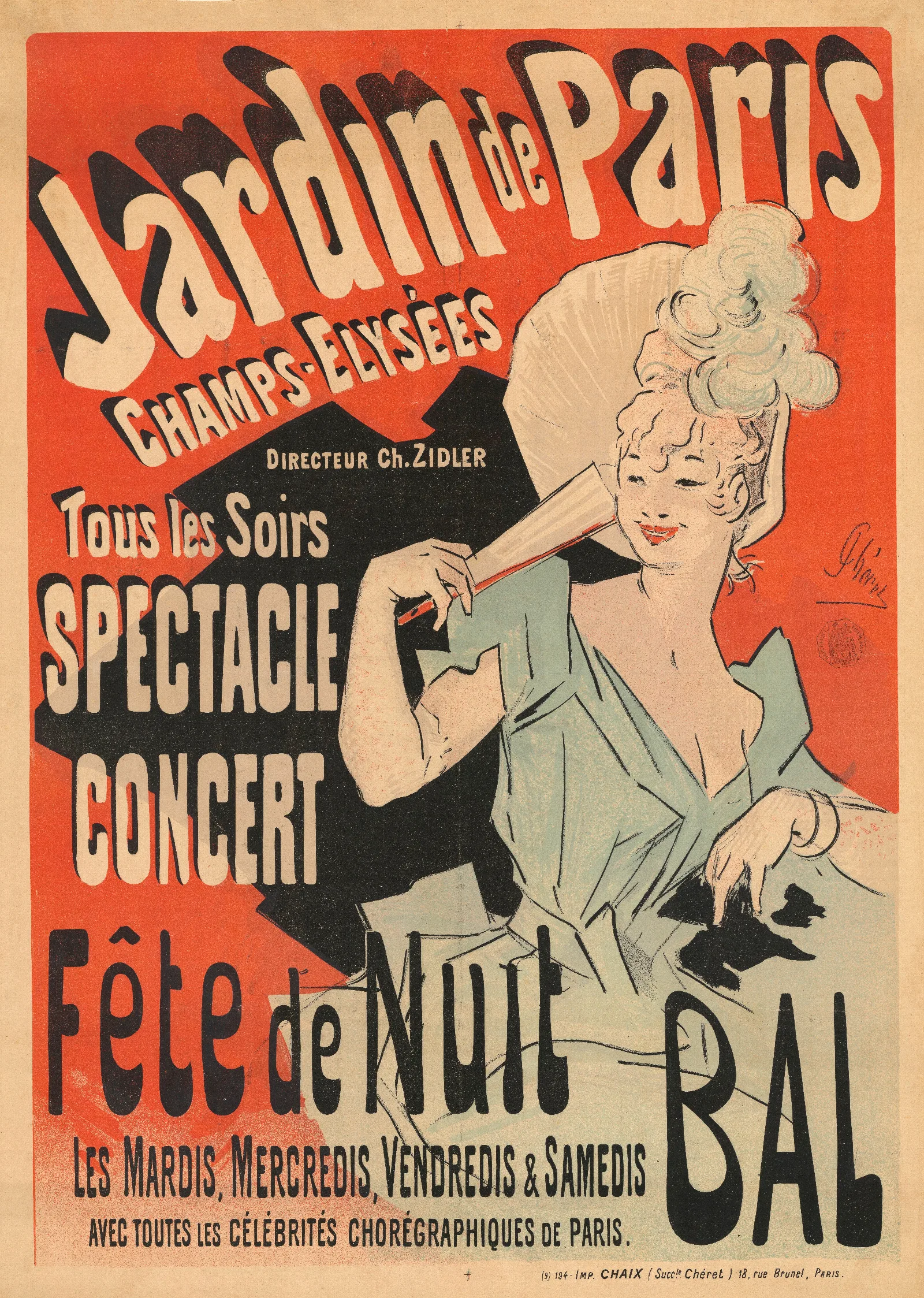 Champs Elysees Jardin De Paris Directeur Ch Zidler Tous Les Soirs Spectacle Concert Fete De Nuit Bal Wall Art by Jules Chéret - Canvas Print