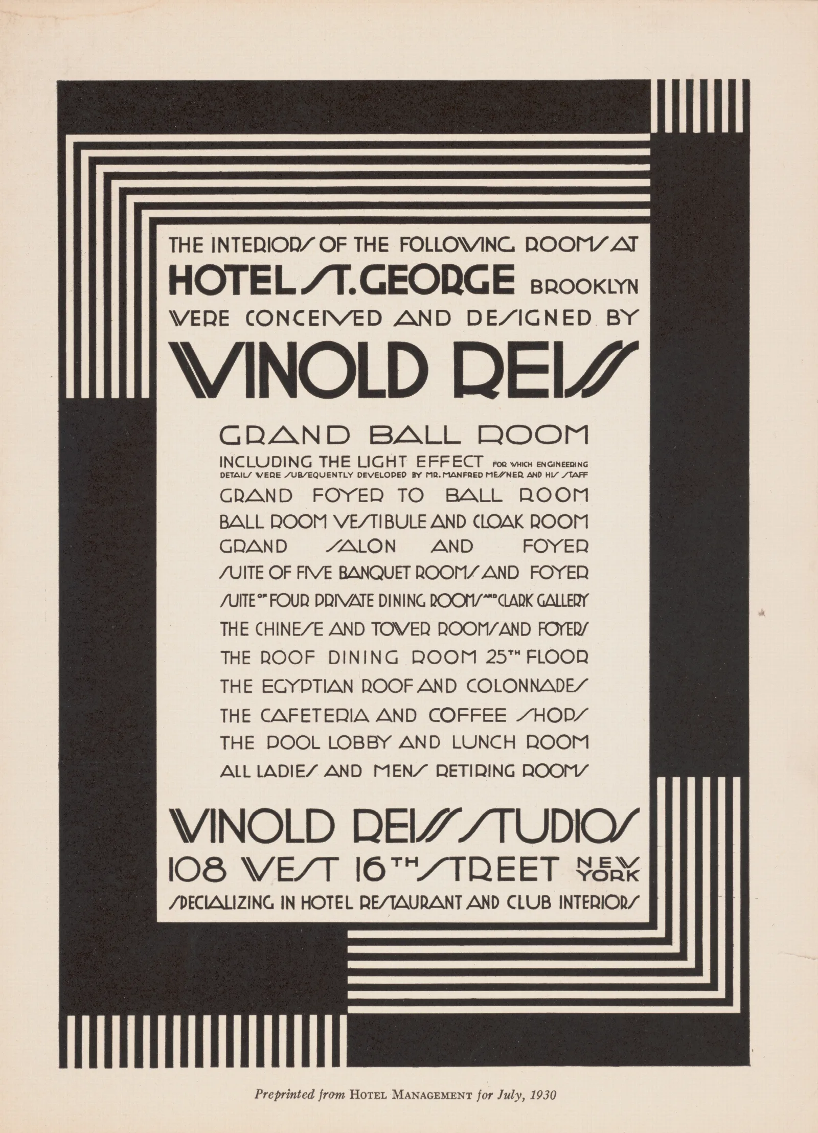 Graphic Design For St George Hotel Advertisement In Hotel Management Magazine Wall Art by Winold Reiss - Canvas Print