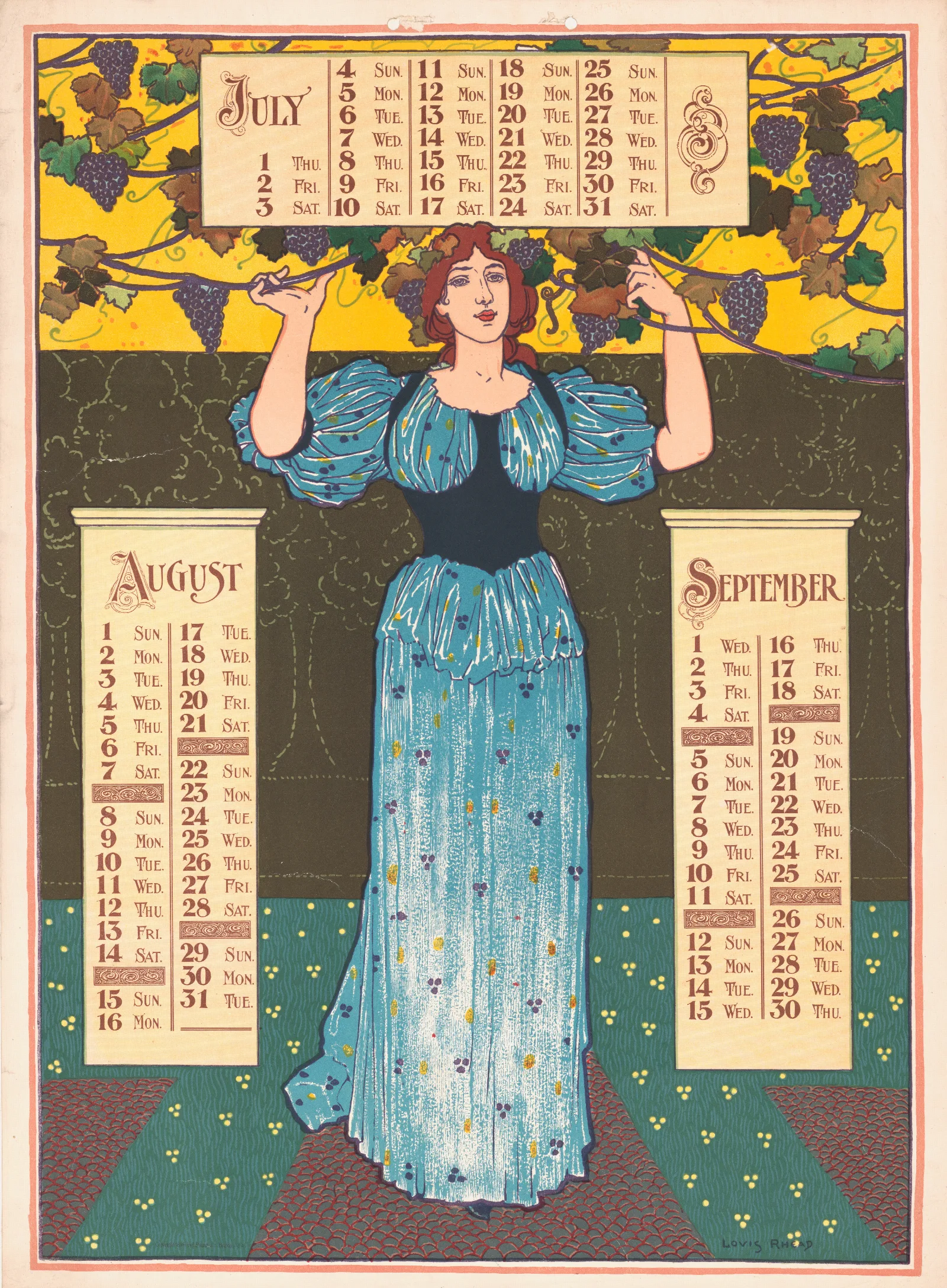 Poster Calendar For 1897 July August September by Louis Rhead - Canvas Print