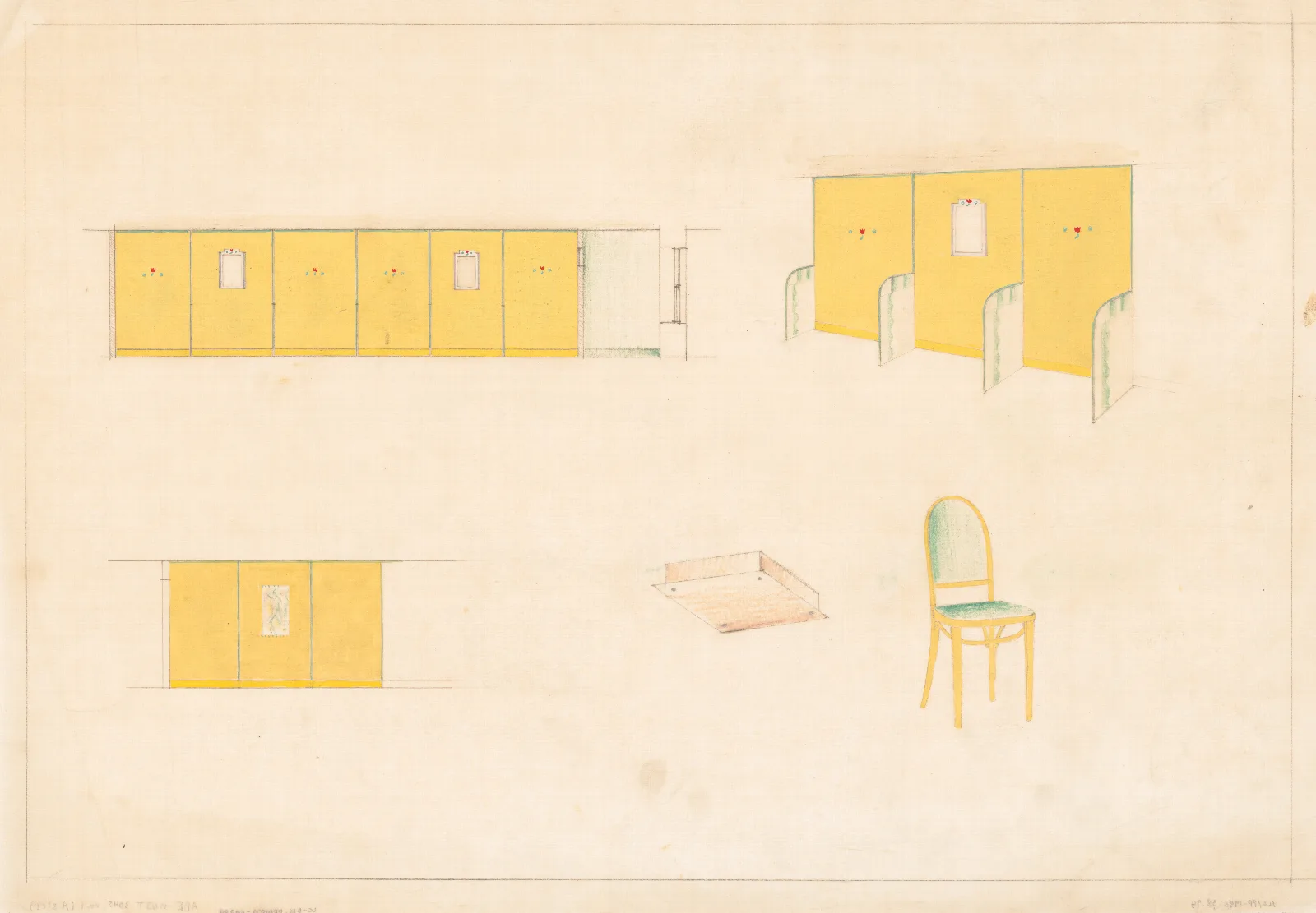 Design For Unidentified Caf With Green And Yellow Trim Design With Tulip Stencils Upholstered Bentwood Chair In Green And Yellow Color Scheme Wall Art by Winold Reiss - Canvas Print