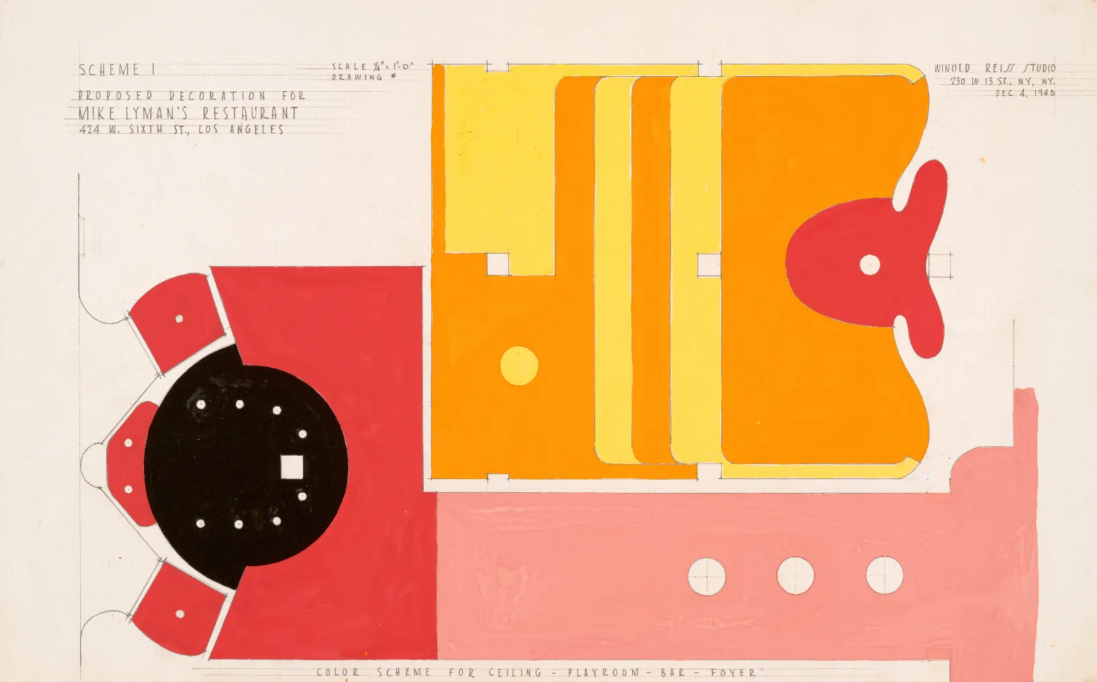 Drawings For Proposed Decorations Of Mike Lymans Restaurant 424 W Sixth St Los Angeles Ca Color Scheme For Ceiling Playroom Bar Foyer Wall Art by Winold Reiss - Canvas Print