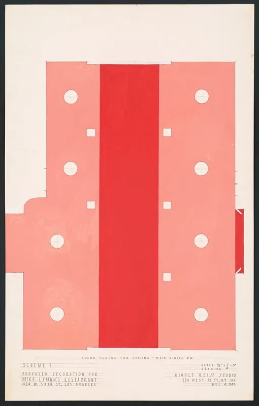 Drawings For Proposed Decorations Of Mike Lymans Restaurant 424 W Sixth St Los Angeles Ca Drawing 10 Scheme 1 Color Scheme For Ceiling Main Dining Room Wall Art by Winold Reiss - Canvas Print