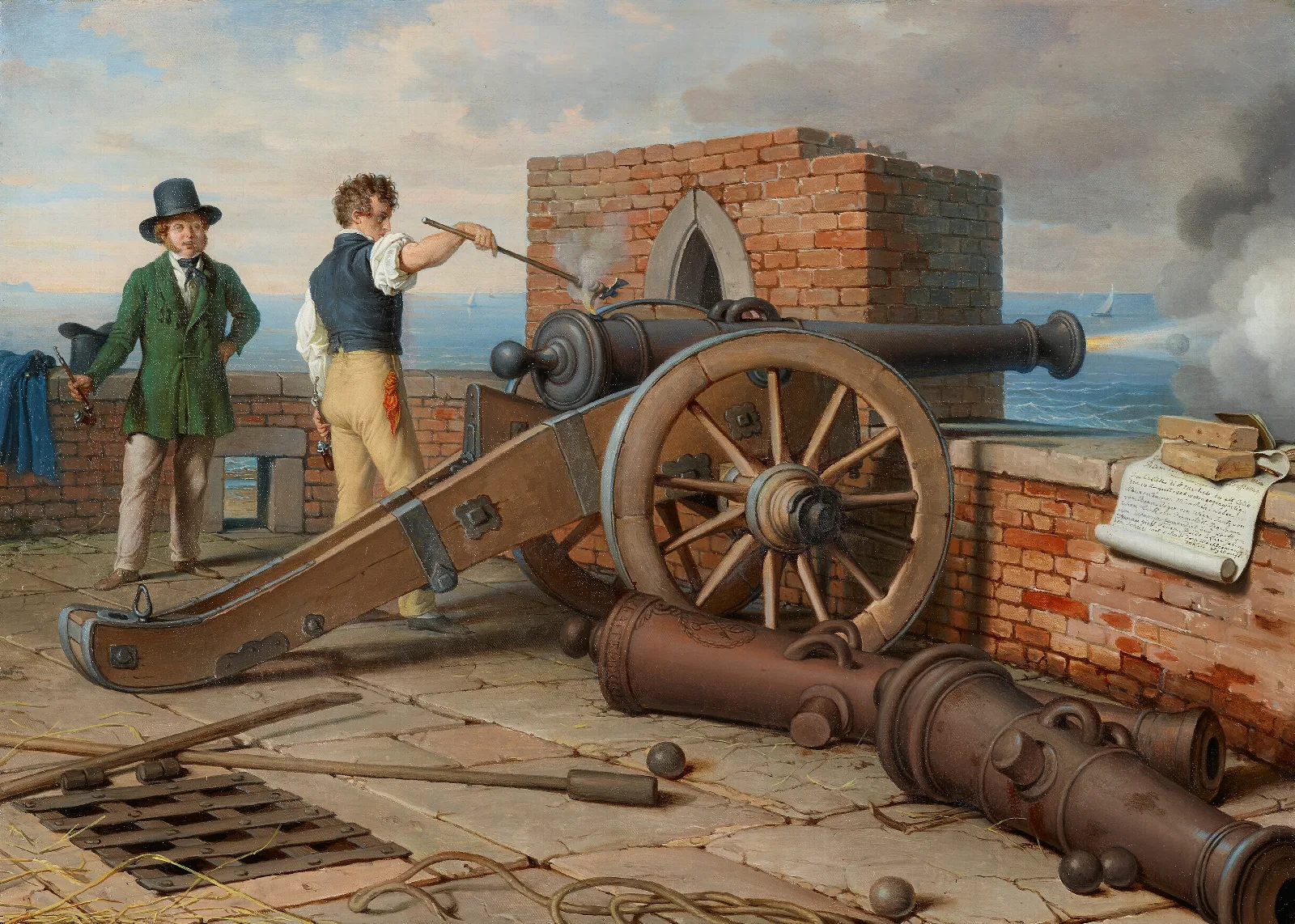 Kunstlerfreunde Losen Einen Kanonenschuss Auf Der Festung Michele Bei Ostia Ferdinand Jagemann Und Peter Krafft Wall Art by Johann Peter Krafft - Canvas Print