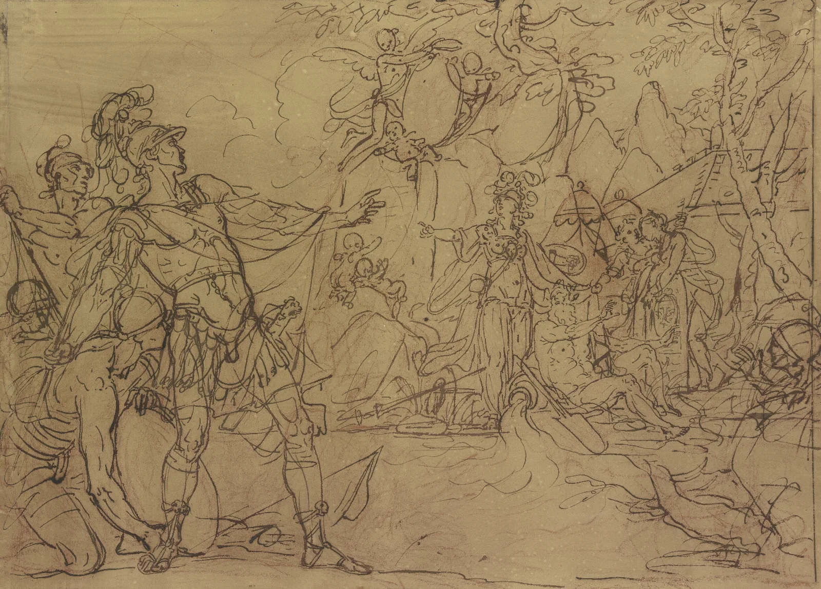 Ein Junger Krieger Ist Im Begriff Ein Lager Anzugreifen Minerva Verwehrt Es Ihm Sie Ist Umgeben Von Wappen Tragenden Nymphen Und Amoretten Wall Art by Gerard de Lairesse - Canvas Print