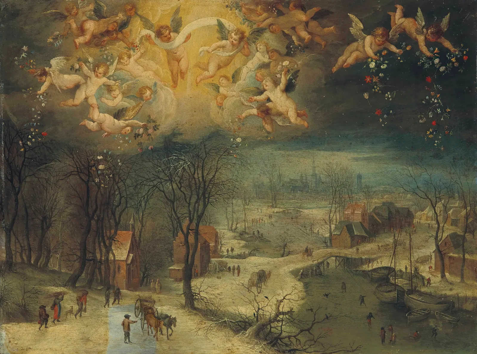 A Winter Landscape With Villagers Gathering Wood And Skaters On A Frozen River Putti Scattering Flowers Above Wall Art by Jan Brueghel The Elder - Canvas Print