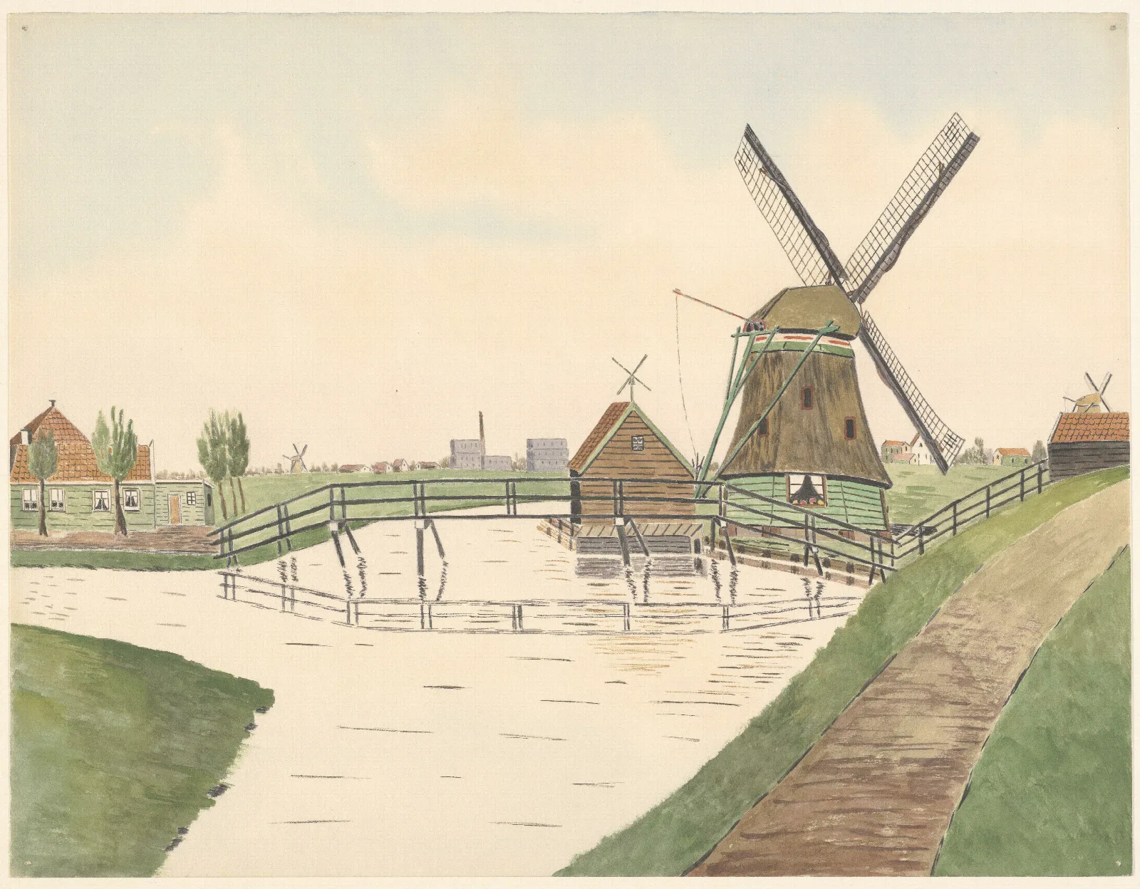 Watermolen Het Leven Zaandijkerwegje Met Over Het Water Een Houten Loopbrug Op De Achtergrond Fabrieksgebouwen Wall Art by Johannes Nicolaas Eijman - Canvas Print