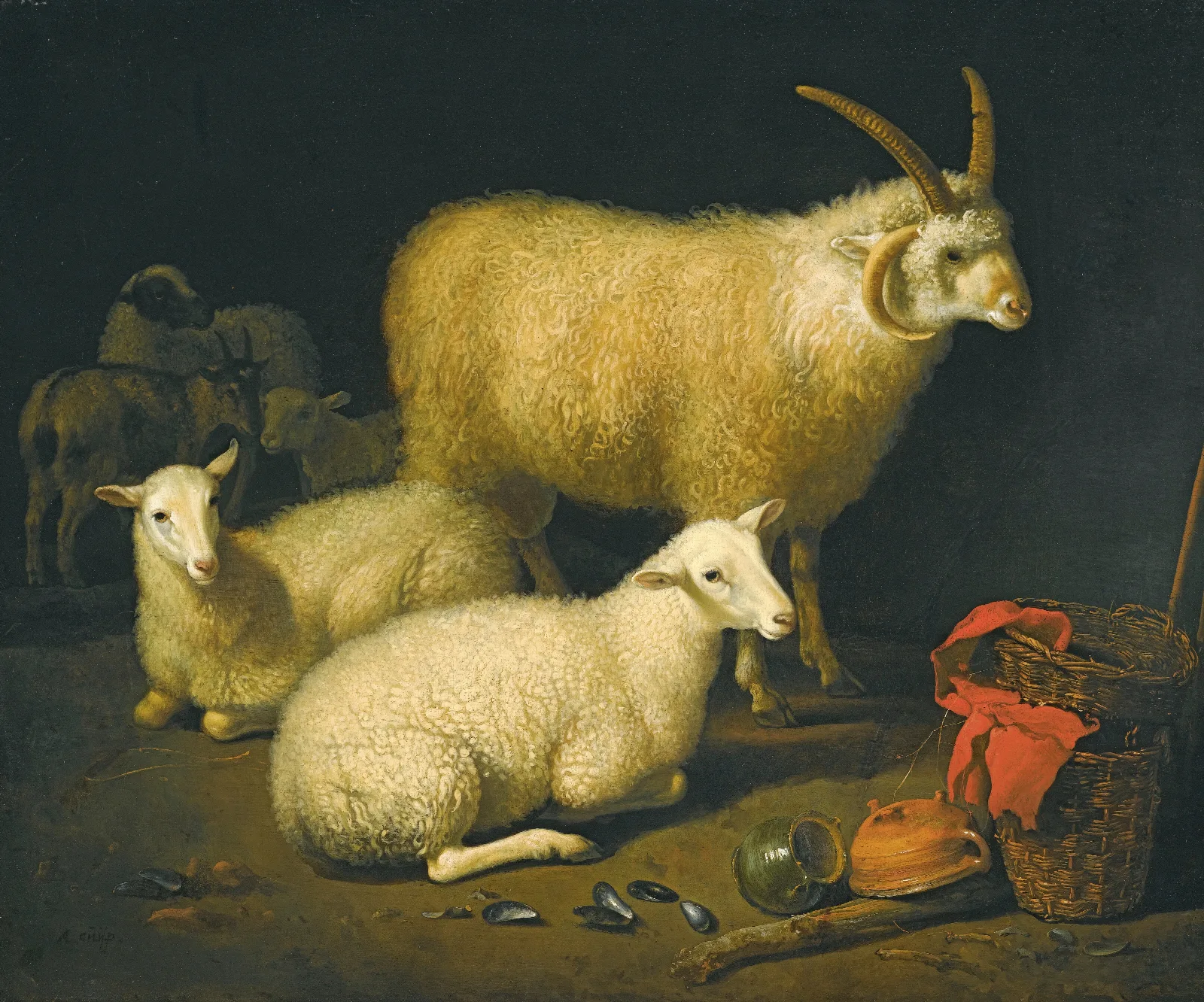 A Barn Interior With A Four Horned Ram And Four Ewes And A Goat With A Still Life Of A Basket And Upturned Pots To The Right Wall Art by Aelbert Cuyp - Canvas Print