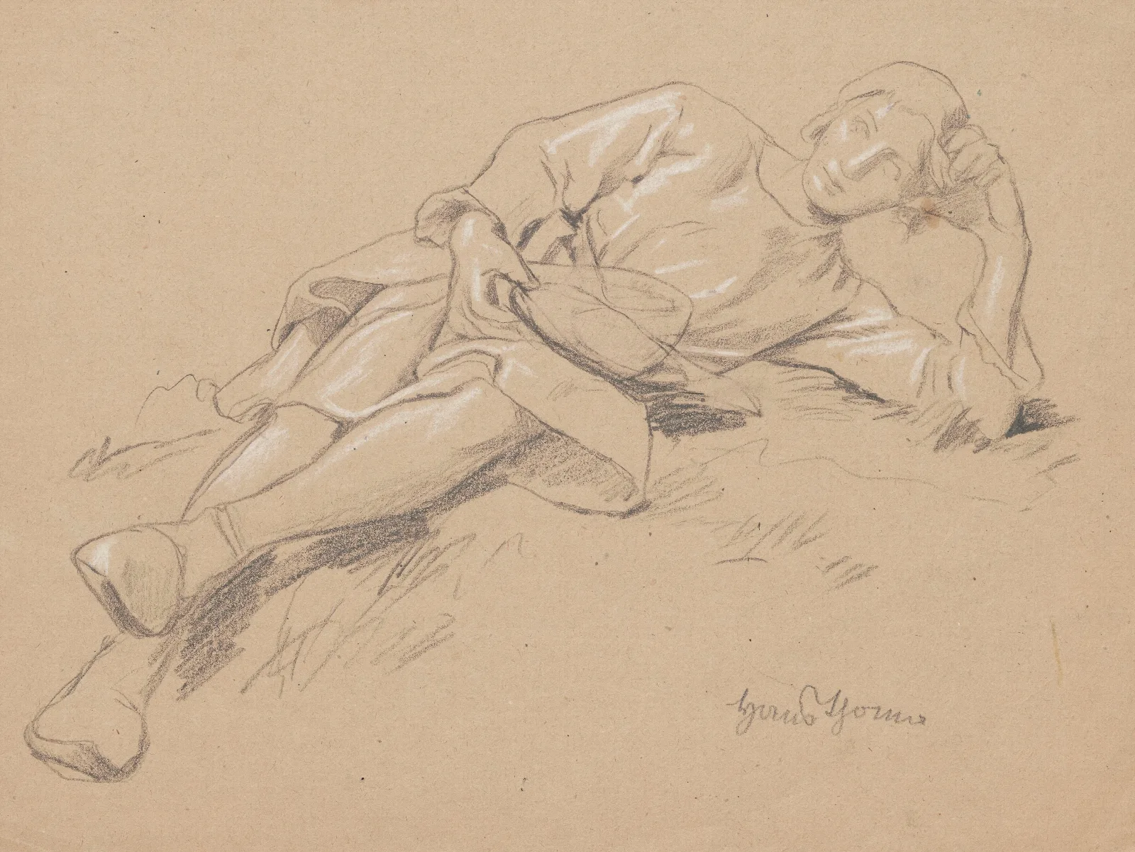 Study Of The Figure Of A Young Man In A Robe To His Knees Lying On His Left Side Resting His Head On His Left Hand Wall Art by Hans Thoma - Canvas Print