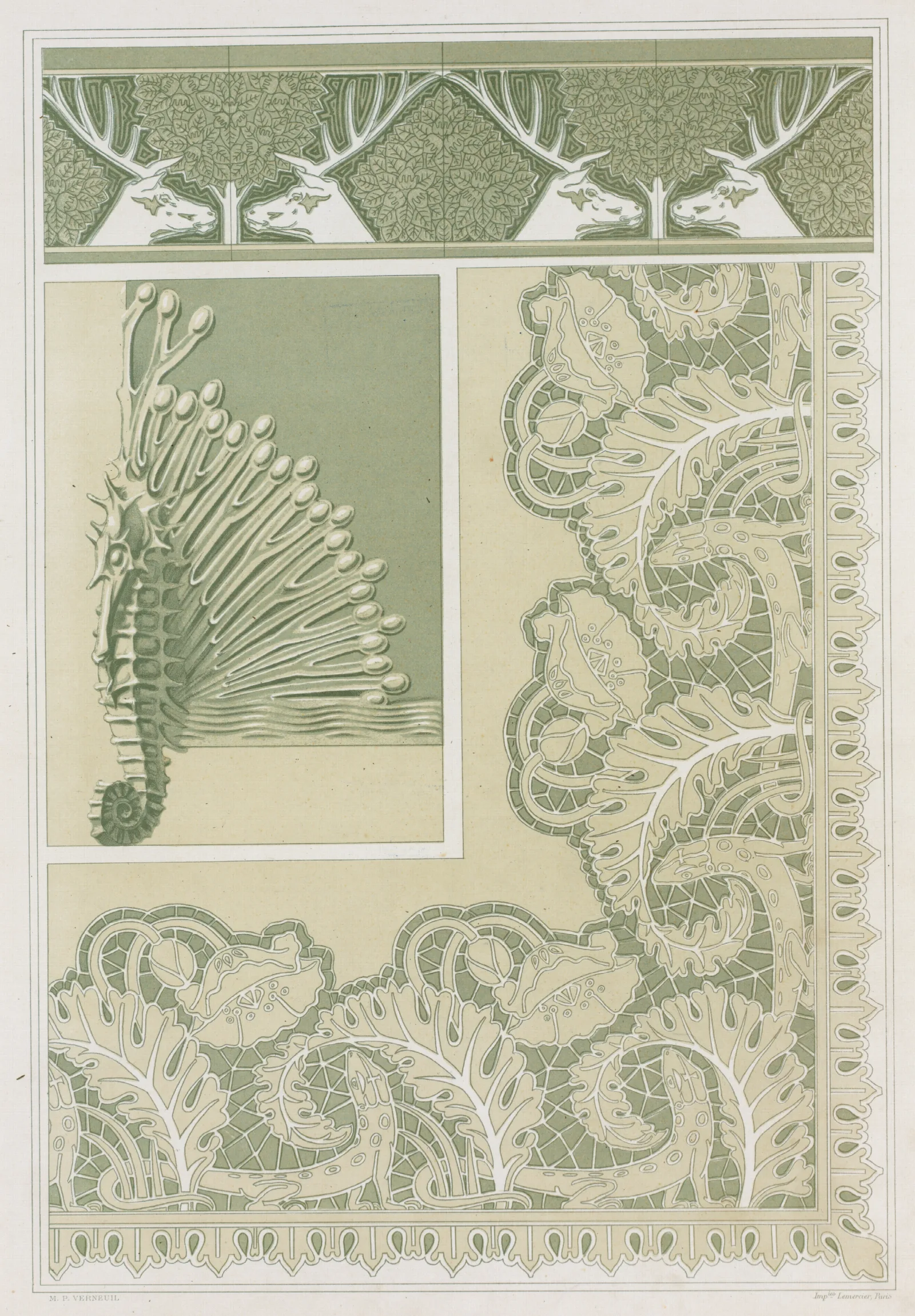 Cerfs Et Noisetiers Bordure Carreaux Ceramiques Hippocampe Et Algues Pied De Coffret Bronze Lezards Et Pavots Broderie Wall Art by Maurice Pillard Verneuil - Canvas Print