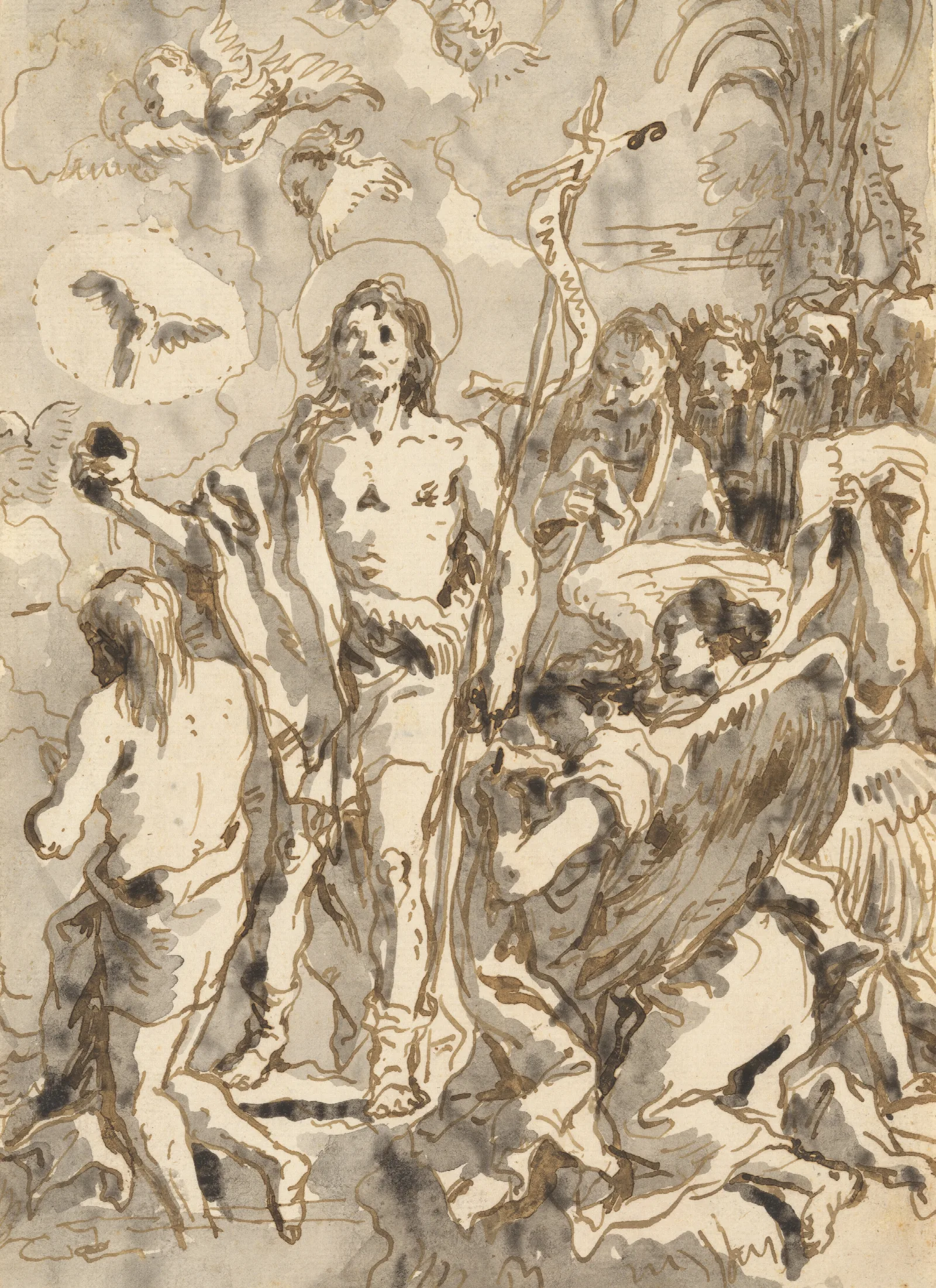 The Baptism Of Christ With Christ Half Kneeling At Left His Back Turned And The Baptist Full Faced At Center Looking Up Wall Art by Giovanni Domenico Tiepolo - Canvas Print