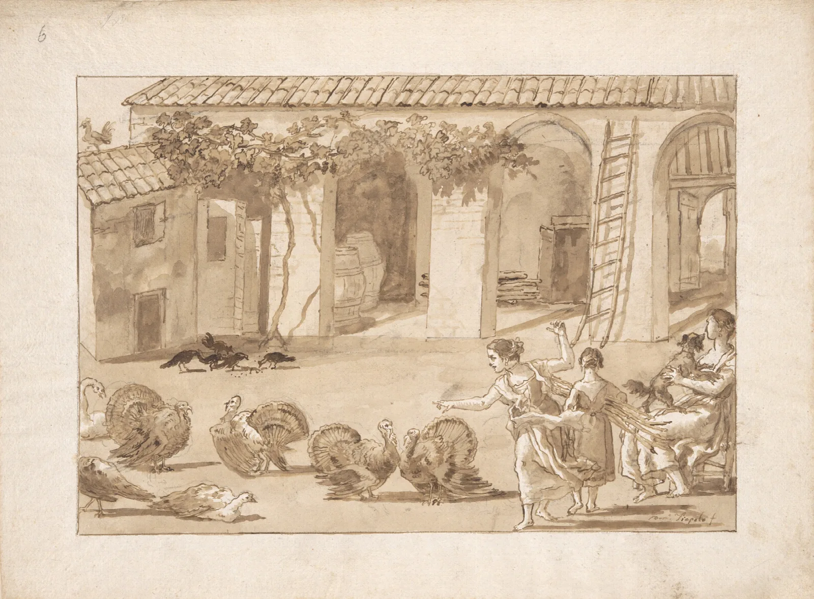 Turkeys In A Venetian Farmyard The Third Drawing In Tiepolos Series Of 59 Scenes Of Contemporary Life Wall Art by Giovanni Domenico Tiepolo - Canvas Print