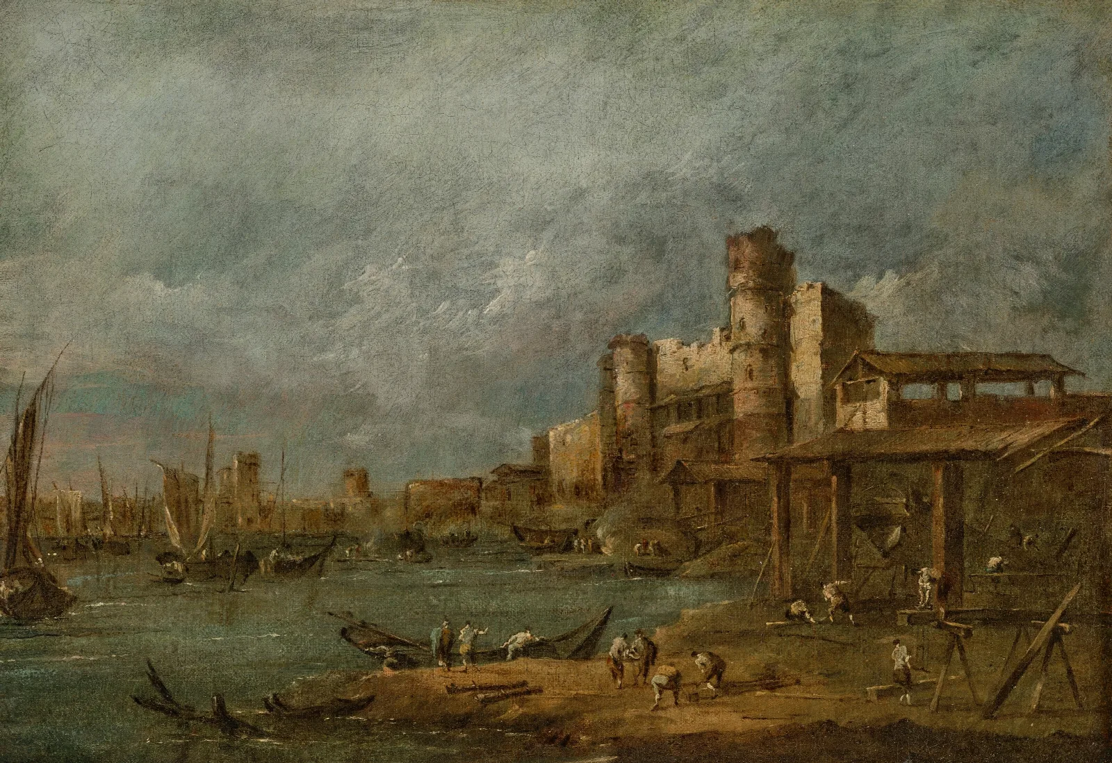 Capriccio With An Arsenal Several Shipwrights At Work In A Boatyard Boats And A Town With Towers Beyond Wall Art by Francesco Guardi - Canvas Print