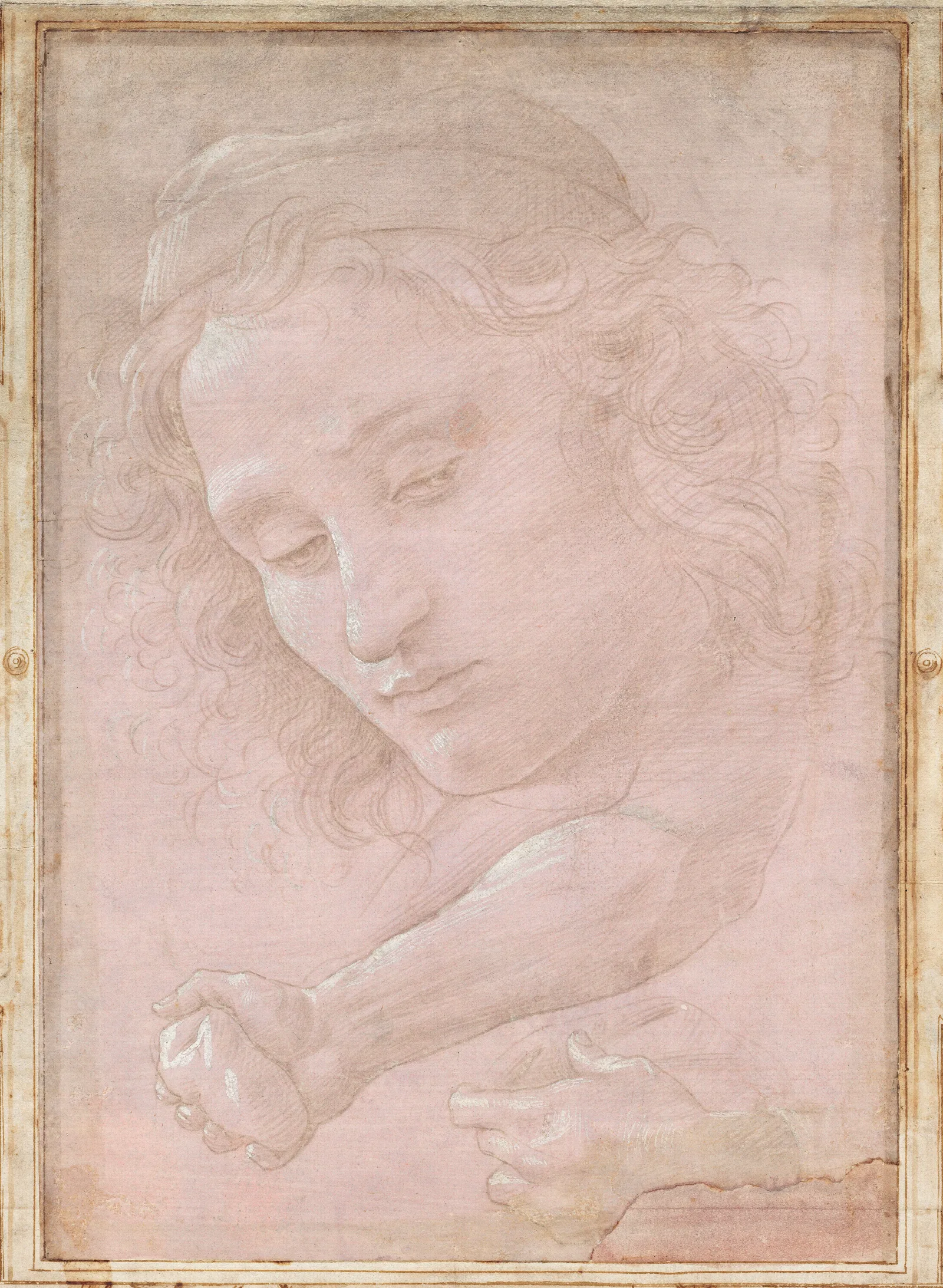Head Of A Youth Wearing A Cap A Right Forearm With The Hand Clutching A Stone And A Left Hand Holding A Drapery Wall Art by Sandro Botticelli - Canvas Print