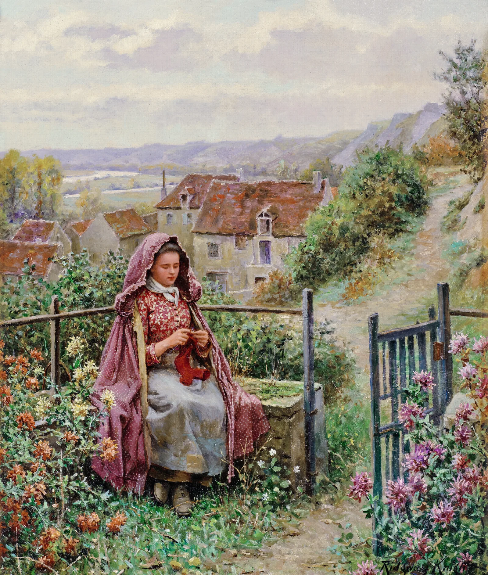 Young Woman Knitting By A Garden Gate Wall Art by Daniel Ridgway Knight - Canvas Print